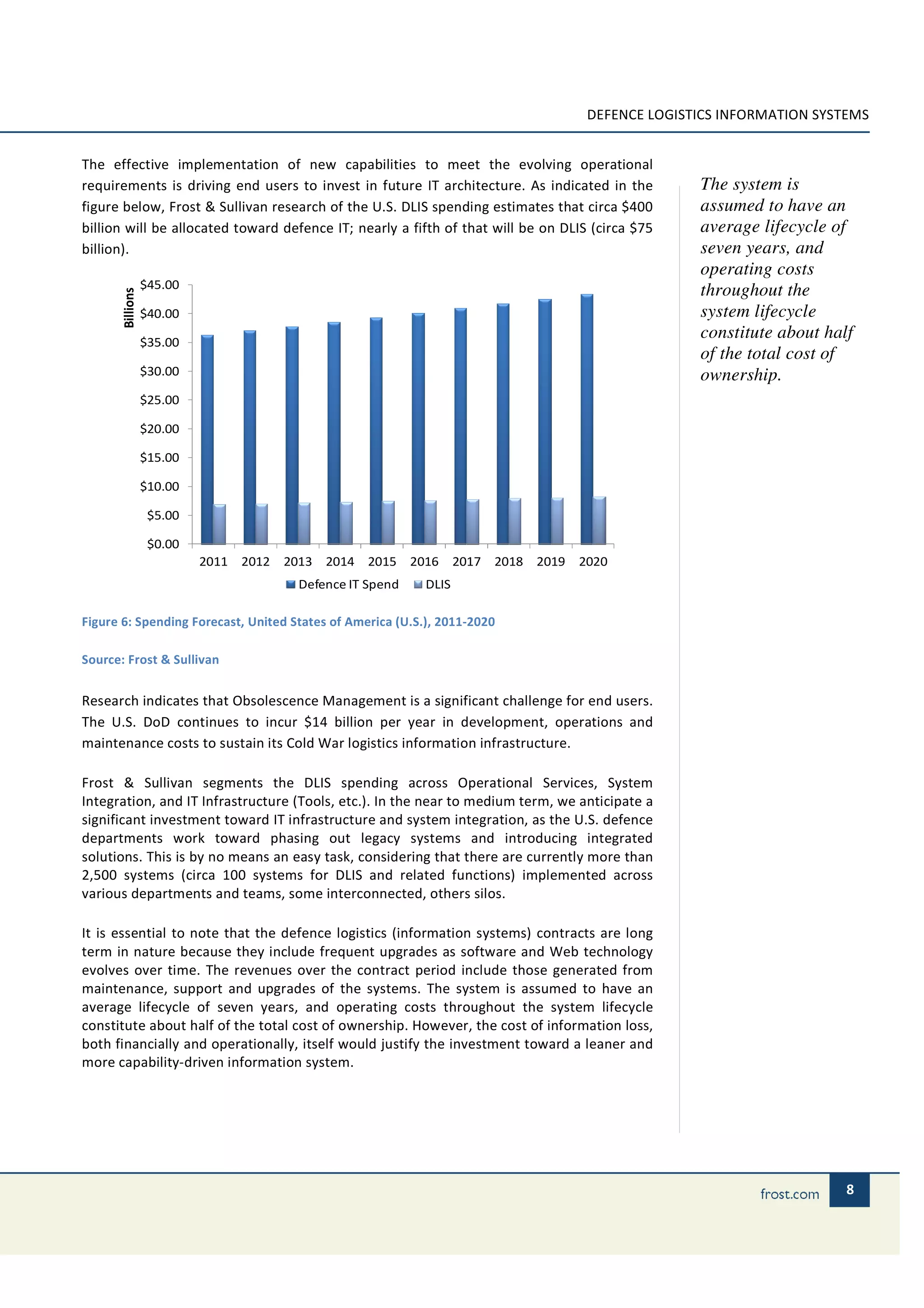 DEFENCE LOGISTICS INFORMATION SYSTEMS


The effective implementation of new capabilities to meet the evolving operational
requirements is driving end users to invest in future IT architecture. As indicated in the        The system is
figure below, Frost & Sullivan research of the U.S. DLIS spending estimates that circa $400       assumed to have an
billion will be allocated toward defence IT; nearly a fifth of that will be on DLIS (circa $75    average lifecycle of
billion).                                                                                         seven years, and
                                                                                                  operating costs
                  $45.00                                                                          throughout the
       Billions




                  $40.00                                                                          system lifecycle
                  $35.00
                                                                                                  constitute about half
                                                                                                  of the total cost of
                  $30.00                                                                          ownership.
                  $25.00

                  $20.00

                  $15.00

                  $10.00

                   $5.00

                   $0.00
                           2011 2012   2013 2014 2015 2016        2017 2018 2019   2020
                                        Defence IT Spend   DLIS

Figure 6: Spending Forecast, United States of America (U.S.), 2011-2020

Source: Frost & Sullivan


Research indicates that Obsolescence Management is a significant challenge for end users.
The U.S. DoD continues to incur $14 billion per year in development, operations and
maintenance costs to sustain its Cold War logistics information infrastructure.

Frost & Sullivan segments the DLIS spending across Operational Services, System
Integration, and IT Infrastructure (Tools, etc.). In the near to medium term, we anticipate a
significant investment toward IT infrastructure and system integration, as the U.S. defence
departments work toward phasing out legacy systems and introducing integrated
solutions. This is by no means an easy task, considering that there are currently more than
2,500 systems (circa 100 systems for DLIS and related functions) implemented across
various departments and teams, some interconnected, others silos.

It is essential to note that the defence logistics (information systems) contracts are long
term in nature because they include frequent upgrades as software and Web technology
evolves over time. The revenues over the contract period include those generated from
maintenance, support and upgrades of the systems. The system is assumed to have an
average lifecycle of seven years, and operating costs throughout the system lifecycle
constitute about half of the total cost of ownership. However, the cost of information loss,
both financially and operationally, itself would justify the investment toward a leaner and
more capability-driven information system.




                                                                                                                      8
 