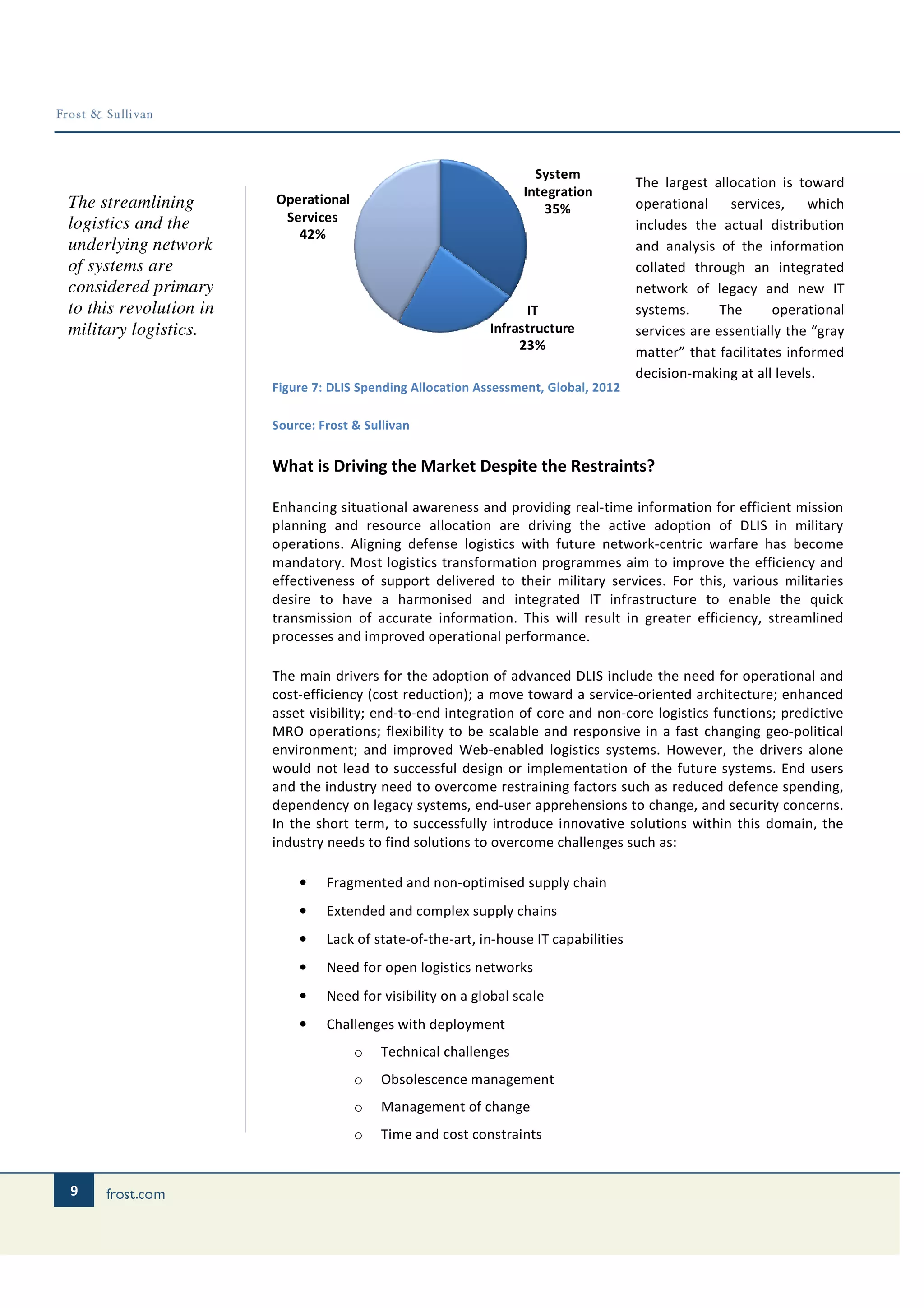 System
                                                                                      The largest allocation is toward
                                                                  Integration
The streamlining        Operational                                                   operational     services, which
                                                                     35%
logistics and the        Services
                                                                                      includes the actual distribution
                           42%
underlying network                                                                    and analysis of the information
of systems are                                                                        collated through an integrated
considered primary                                                                    network of legacy and new IT
to this revolution in                                             IT                  systems.      The      operational
military logistics.                                         Infrastructure            services are essentially the “gray
                                                                 23%                  matter” that facilitates informed
                                                                                      decision-making at all levels.
                        Figure 7: DLIS Spending Allocation Assessment, Global, 2012

                        Source: Frost & Sullivan


                        What is Driving the Market Despite the Restraints?

                        Enhancing situational awareness and providing real-time information for efficient mission
                        planning and resource allocation are driving the active adoption of DLIS in military
                        operations. Aligning defense logistics with future network-centric warfare has become
                        mandatory. Most logistics transformation programmes aim to improve the efficiency and
                        effectiveness of support delivered to their military services. For this, various militaries
                        desire to have a harmonised and integrated IT infrastructure to enable the quick
                        transmission of accurate information. This will result in greater efficiency, streamlined
                        processes and improved operational performance.

                        The main drivers for the adoption of advanced DLIS include the need for operational and
                        cost-efficiency (cost reduction); a move toward a service-oriented architecture; enhanced
                        asset visibility; end-to-end integration of core and non-core logistics functions; predictive
                        MRO operations; flexibility to be scalable and responsive in a fast changing geo-political
                        environment; and improved Web-enabled logistics systems. However, the drivers alone
                        would not lead to successful design or implementation of the future systems. End users
                        and the industry need to overcome restraining factors such as reduced defence spending,
                        dependency on legacy systems, end-user apprehensions to change, and security concerns.
                        In the short term, to successfully introduce innovative solutions within this domain, the
                        industry needs to find solutions to overcome challenges such as:

                            •    Fragmented and non-optimised supply chain
                            •    Extended and complex supply chains
                            •    Lack of state-of-the-art, in-house IT capabilities
                            •    Need for open logistics networks
                            •    Need for visibility on a global scale
                            •    Challenges with deployment
                                      o    Technical challenges
                                      o    Obsolescence management
                                      o    Management of change
                                      o    Time and cost constraints


9
 