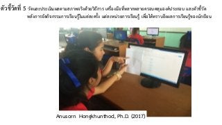 ตัวชี้วัดที่ 5 วัดและประเมินผลตามสภาพจริงด้วยวิธีการ เครื่องมือที่หลากหลายครอบคลุมองค์ประกอบ และตัวชี้วัด
หลังการจัดกิจกรรมการเรียนรู้ในแต่ละครั้ง แต่ละหน่วยการเรียนรู้ เพื่อให้ทราบถึงผลการเรียนรู้ของนักเรียน
Anusorn Hongkhunthod, Ph.D. (2017)
 