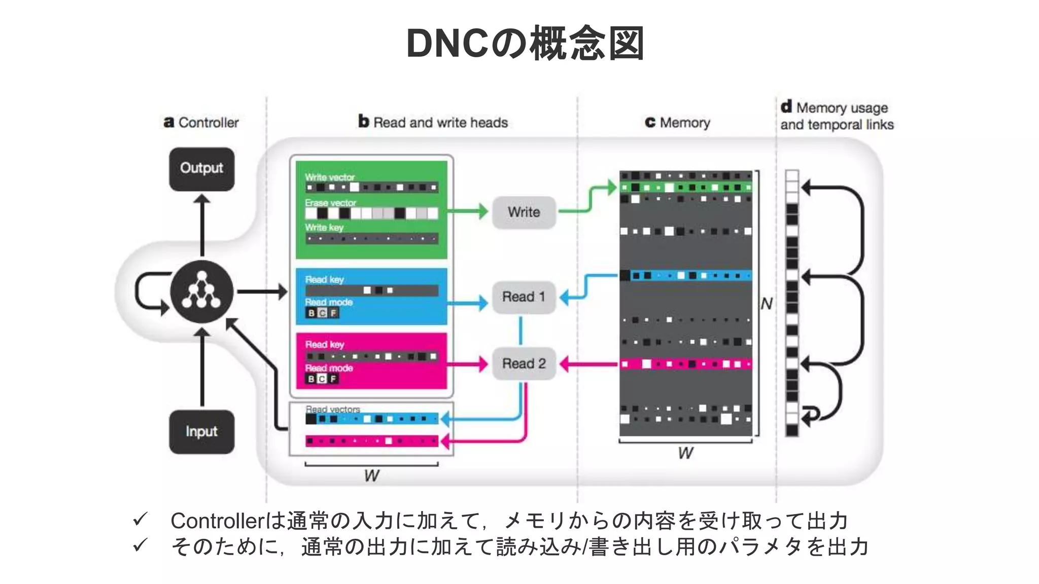 DNCの概念図  Controllerは通常の入力に加えて，メモリからの内容を受け取って出力  そのために，通常の出力に加えて読み込み/書き出し用のパラメタを出力 