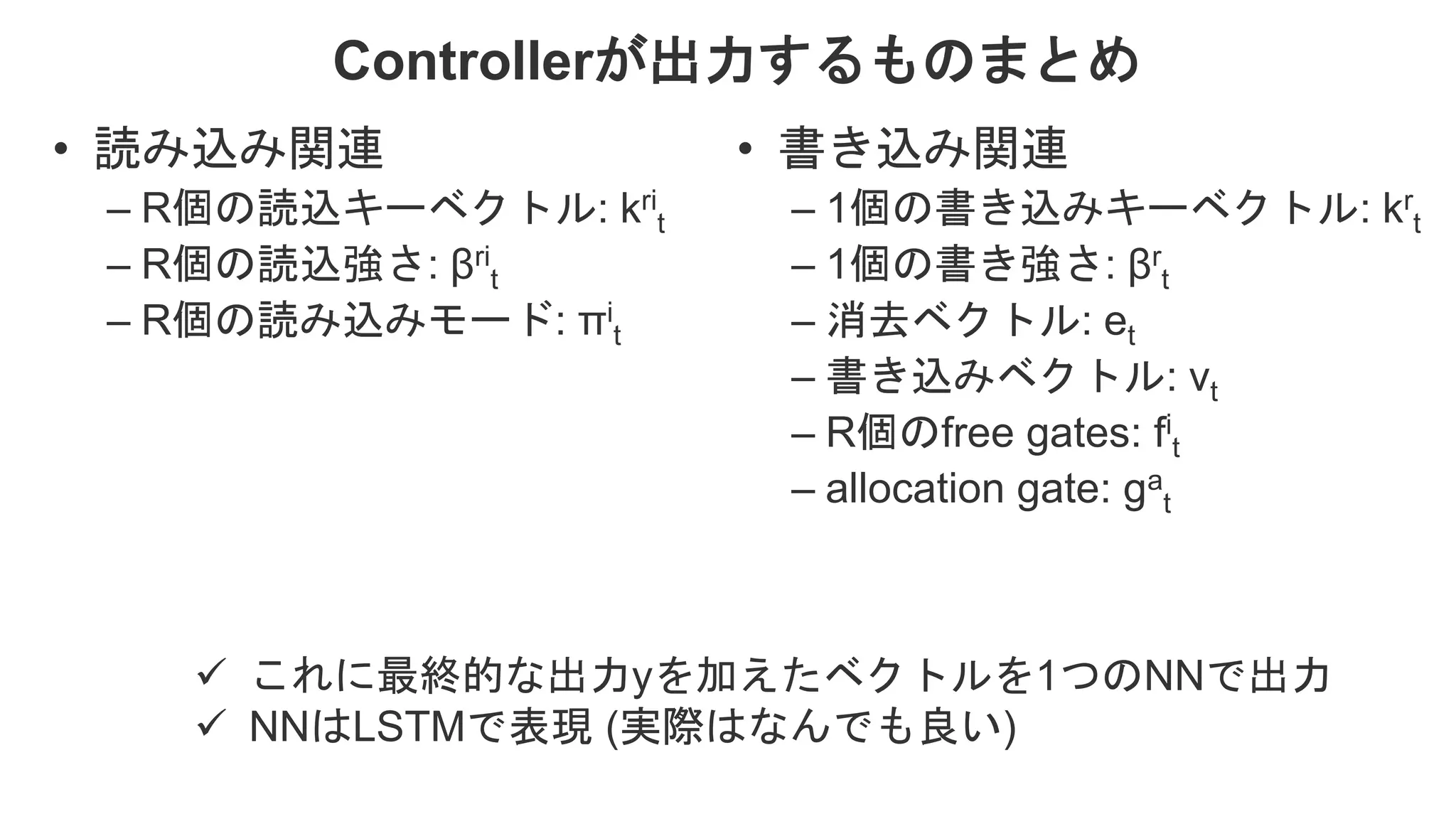 Controllerが出力するものまとめ • 読み込み関連 – R個の読込キーベクトル: kri t – R個の読込強さ: βri t – R個の読み込みモード: πi t • 書き込み関連 – 1個の書き込みキーベクトル: kr t – 1個の書き強さ: βr t – 消去ベクトル: et – 書き込みベクトル: vt – R個のfree gates: fi t – allocation gate: ga t  これに最終的な出力yを加えたベクトルを1つのNNで出力  NNはLSTMで表現 (実際はなんでも良い) 