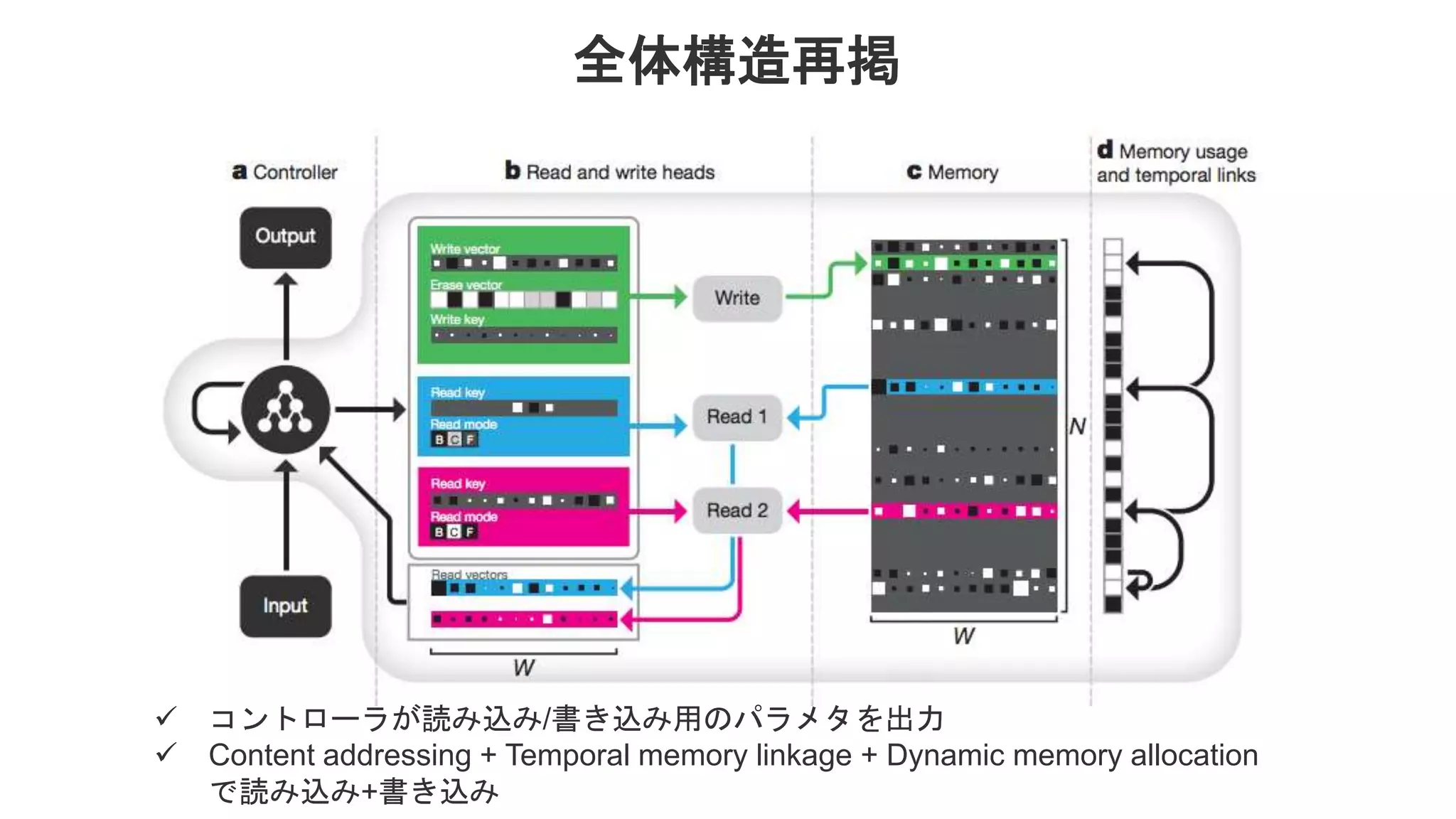 全体構造再掲  コントローラが読み込み/書き込み用のパラメタを出力  Content addressing + Temporal memory linkage + Dynamic memory allocation で読み込み+書き込み 