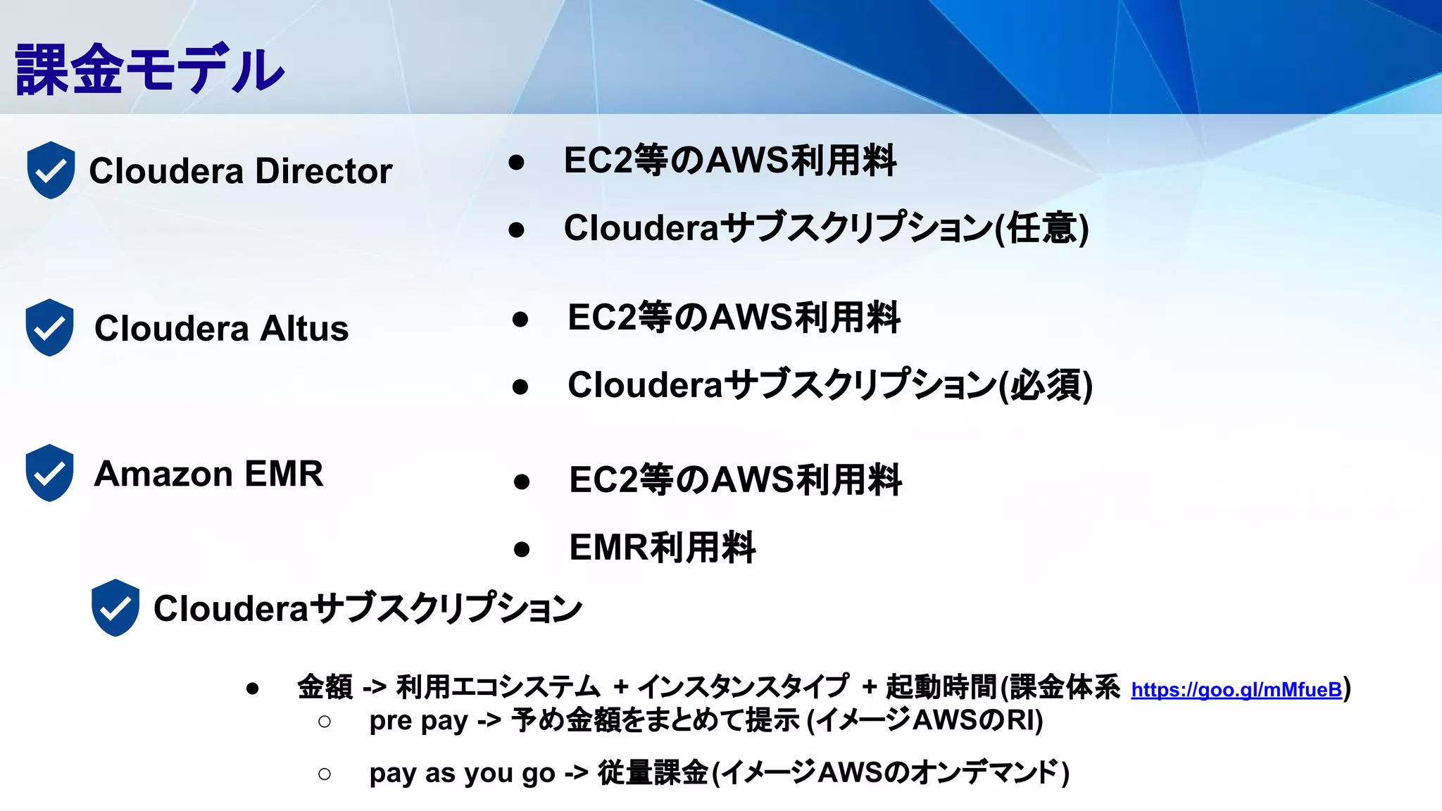 課金モデル
Cloudera Director
Cloudera Altus
Amazon EMR
● EC2等のAWS利用料
● Clouderaサブスクリプション(任意)
● EC2等のAWS利用料
● Clouderaサブスクリプション(必須)
● EC2等のAWS利用料
● EMR利用料
Clouderaサブスクリプション
● 金額 -> 利用エコシステム + インスタンスタイプ + 起動時間(課金体系 https://goo.gl/mMfueB)
○ pre pay -> 予め金額をまとめて提示 (イメージAWSのRI)
○ pay as you go -> 従量課金(イメージAWSのオンデマンド)
 