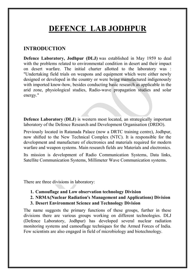 DRDO Summer internship Report,Defence lab jodhpur summer internship