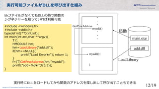 Copyright © NTT Communications Corporation. All rights reserved.
実行可能ファイルがDLLを呼び出す仕組み
#include <windows.h>
#include <stdio.h>
typedef int(*T)(int,int);
int main(int arc,char **argv){
T f;
HMODULE hm;
hm=LoadLibrary(”add.dll");
if(hm==NULL){
printf("Load Error¥n"); return 1;
}
f=(T)GetProcAddress(hm,”myadd");
printf(”add=%d¥n",f(5,3));
}
libファイルがなくてもDLLの持つ関数の
シグネチャーを知っていれば利用可能
main.exe
add.dll
・
・
・
myadd()
・
・
・
myadd(){
}
LoadLibrary
起動
GetProcAddress
実行時にDLLをロードしてから関数のアドレスを探し出して呼び出すこともできる
12/19
 