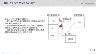 Copyright © NTT Communications Corporation. All rights reserved.
DLLインジェクションとは？
EXE
実行中プロセス
EXE
攻撃プロセス
DLL
偽DLL
セキュリティ攻撃の文脈では
実行中のプロセスに悪意を持つ任意のプログラ
ムを実行させる攻撃
BOFは攻撃対象プログラムの入力に，任意のプ
ログラムを与えることで注入に成功する
DLLインジェクションは，悪意を持つDLLを強
制的に読み込ませて，実行させる
偽DLL
１．注入
２．呼び出し先
改ざん
3/19
 