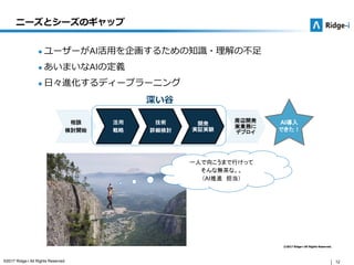 12©2017 Ridge-i All Rights Reserved.
©2017 Ridge-i All Rights Reserved.
● ユーザーがAI活用を企画するための知識・理解の不足
● あいまいなAIの定義
● 日々進化するディープラーニング
ニーズとシーズのギャップ
相談
検討開始
活用
戦略
技術
詳細検討
開発
実証実験
周辺開発
実業務に
デプロイ
一人で向こうまで行けって
そんな無茶な。。
（AI推進 担当）
深い谷
AI導入
できた！
 