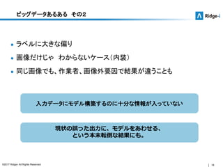 18©2017 Ridge-i All Rights Reserved.
ビッグデータあるある その２
● ラベルに大きな偏り
● 画像だけじゃ わからないケース（内装）
● 同じ画像でも、作業者、画像外要因で結果が違うことも
現状の誤った出力に、モデルをあわせる、
という本末転倒な結果にも。
入力データにモデル構築するのに十分な情報が入っていない
 