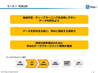 19©2017 Ridge-i All Rights Reserved.
ケース １ のまとめ
将来の競争優位のために
早めのデータマネージメント戦略が重要
データを貯めきる前に、早めに検証する柔軟さ
相談
検討開始
活用
戦略
技術
詳細検討
開発
実証実験
周辺開発
実業務に
デプロイ
販売
サポート
やっておけばよかった場所
機械学習・ディープラーニングを活用しやすい
データを貯めよう
 