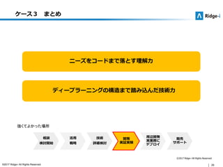 29©2017 Ridge-i All Rights Reserved.
ケース３ まとめ
©2017 Ridge-i All Rights Reserved.
ディープラーニングの構造まで踏み込んだ技術力
相談
検討開始
活用
戦略
技術
詳細検討
開発
実証実験
周辺開発
実業務に
デプロイ
販売
サポート
強くてよかった場所
ニーズをコードまで落とす理解力
 
