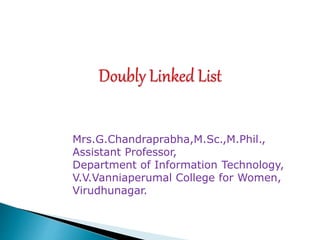 Mrs.G.Chandraprabha,M.Sc.,M.Phil.,
Assistant Professor,
Department of Information Technology,
V.V.Vanniaperumal College for Women,
Virudhunagar.
 