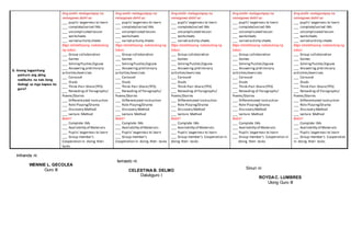 G. Anong kagamitang
panturo ang aking
nadibuho na nais kong
ibahagi sa mga kapwa ko
guro?
Ang aralin matagumpay na
naisagawa dahil sa:
___ pupils’eagerness to learn
___ complete/varied IMs
___ uncomplicated lesson
___ worksheets
___ varied activity sheets
Mga istratehiyang nakatulong
ng lubos:
___ Group collaboration
___ Games
___ SolvingPuzzles/Jigsaw
___ Answering preliminary
activities/exercises
___ Carousel
___ Diads
___ Think-Pair-Share(TPS)
___ Rereading of Paragraphs/
Poems/Stories
___ Differentiated Instruction
___ Role Playing/Drama
___ Discovery Method
___ Lecture Method
Bakit?
___ Complete IMs
___ Availability of Materials
___ Pupils’eagerness to learn
___ Group member’s
Cooperation in doing their
tasks
Ang aralin matagumpay na
naisagawa dahil sa:
___ pupils’eagerness to learn
___ complete/varied IMs
___ uncomplicated lesson
___ worksheets
___ varied activity sheets
Mga istratehiyang nakatulong ng
lubos:
___ Group collaboration
___ Games
___ SolvingPuzzles/Jigsaw
___ Answering preliminary
activities/exercises
___ Carousel
___ Diads
___ Think-Pair-Share(TPS)
___ Rereading of Paragraphs/
Poems/Stories
___ Differentiated Instruction
___ Role Playing/Drama
___ Discovery Method
___ Lecture Method
Bakit?
___ Complete IMs
___ Availability of Materials
___ Pupils’eagerness to learn
___ Group member’s
Cooperation in doing their tasks
Ang aralin matagumpay na
naisagawa dahil sa:
___ pupils’eagerness to learn
___ complete/varied IMs
___ uncomplicated lesson
___ worksheets
___ varied activity sheets
Mga istratehiyang nakatulong ng
lubos:
___ Group collaboration
___ Games
___ SolvingPuzzles/Jigsaw
___ Answering preliminary
activities/exercises
___ Carousel
___ Diads
___ Think-Pair-Share(TPS)
___ Rereading of Paragraphs/
Poems/Stories
___ Differentiated Instruction
___ Role Playing/Drama
___ Discovery Method
___ Lecture Method
Bakit?
___ Complete IMs
___ Availability of Materials
___ Pupils’eagerness to learn
___ Group member’s Cooperation in
doing their tasks
Ang aralin matagumpay na
naisagawa dahil sa:
___ pupils’eagerness to learn
___ complete/varied IMs
___ uncomplicated lesson
___ worksheets
___ varied activity sheets
Mga istratehiyang nakatulong ng
lubos:
___ Group collaboration
___ Games
___ SolvingPuzzles/Jigsaw
___ Answering preliminary
activities/exercises
___ Carousel
___ Diads
___ Think-Pair-Share(TPS)
___ Rereading of Paragraphs/
Poems/Stories
___ Differentiated Instruction
___ Role Playing/Drama
___ Discovery Method
___ Lecture Method
Bakit?
___ Complete IMs
___ Availability of Materials
___ Pupils’eagerness to learn
___ Group member’s Cooperation in
doing their tasks
Ang aralin matagumpay na
naisagawa dahil sa:
___ pupils’eagerness to learn
___ complete/varied IMs
___ uncomplicated lesson
___ worksheets
___ varied activity sheets
Mga istratehiyang nakatulong ng
lubos:
___ Group collaboration
___ Games
___ SolvingPuzzles/Jigsaw
___ Answering preliminary
activities/exercises
___ Carousel
___ Diads
___ Think-Pair-Share(TPS)
___ Rereading of Paragraphs/
Poems/Stories
___ Differentiated Instruction
___ Role Playing/Drama
___ Discovery Method
___ Lecture Method
Bakit?
___ Complete IMs
___ Availability of Materials
___ Pupils’eagerness to learn
___ Group member’s Cooperation
in doing their tasks
Inihanda ni:
WENNIE L. GECOLEA
Guro III
Iwinasto ni:
CELESTINAB. DELMO
Dalubguro I
Sinuri ni:
ROYDAC. LUMBRES
Ulong Guro III
 