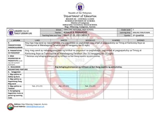 Republic of the Philippines
Department of Education
REGION III – CENTRAL LUZON
SCHOOLS DIVISION OF AURORA
District of Casiguran
DIBACONG NATIONAL HIGH SCHOOL
Brgy. Dibacong, Casiguran, Aurora
Address: Brgy Dibacong, Casiguran, Aurora
Email Address: 306502@deped.gov.ph
GRADES 1 to 12
DAILY LESSON LOG
School: DIBACONG NATIONAL HIGH SCHOOL Grade Level: 7
Teacher: ROSALIE B. FERNANDEZ Learning Area: ARALING PANLIPUNAN
Teaching Dates and Time: March 27-29, 2023 (WEEK 7) Quarter: 3RD QUARTER
I. LAYUNIN LUNES MARTES MIYERKULES HUWEBES BIYERNES
A.
PAMANTAYANG
PANGNILALAMAN
Ang mga mag-aaral ay naipamamalas ang pag-unawa sa pagbabago, pag-unlad at pagpapatuloy sa Timog at Kanlurang Asya sa
Transisyonal at Makabagong Panahon (ika-16 hanggang ika-20 siglo)
B. PAMANTAYAN
SA PAGGANAP
Ang mag-aaral ay nakapagsasagawa ng kritikal na pagsusuri sa pagbabago, pag-unlad at pagpapatuloy sa Timog at
Kanlurang Asya sa Transisyonal at Makabagong Panahon (ika-16 hanggang ika-20 siglo)
C. MGA
KASANAYAN SA
PAGKATUTO (Isulat
ang code ng bawat
kasanayan)
* Natataya ang bahaging ginampanan ng relihiyon sa ibat-ibang aspekto ng pamumuhay.
II. NILALAMAN Ang bahaging ginampanan ng relihiyon sa ibat-ibang aspekto ng pamumuhay.
KAGAMITANG PANTURO
A. Sanggunian
1. Mga pahina sa
Gabay ng Guro
2. Mga pahina sa
Kagamitang Pang-
Mag-aaral
3. Mga pahina sa
Teksbuk
Pah. 271-272 Pah. 271-272 Pah. 271-272
4. Karagdagang
Kagamitan mula sa
portal ng Learning
Code.
 