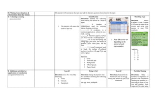 H. Making Generalizations &
Abstractions about the lessons
The teacher will summarize the topic and ask the learners questions that related to the topic.
I.Evaluating Learning
(assessment/test)
1. The teacher will assess the
result of pre-test
Identification
Directions: Identify the following
terms. Write your answer in ¼ sheet of
paper.
________1. A chamber or
compartment used for cooking,
baking, heating,or drying.
________2. A cookware is a
common application, where the non-
stick coating.
_______3. A kitchen appliance where
you store food at a cooltemperature.
________4. It is used for turning and
lifting eggs, pan cakes, and meats on
griddles, grills, sheet pans, and the
likes.
________5. A small implement used
to brush the surface of unbaked
pastries or cookies with egg white, egg
yolk or glaze.
Answers
1. Oven
2. Non-stick pan
3. Refrigerator
4. Offset Spatula
5. Pastry Brush
1. Note: The scores are
depending on the
answer of each
representative.
Matching Type
Direction: Match
Column A with Column
B. Choose the letter of the
correct and write your
answer in your TLE
notebook.
Answers
1. C
2. E
3. A
4. D
5. B
J. Additional activities for
application or remediation
(assignment/homework)
Search!
Directions: Give five (5) of the
following;
a. Tools
b. Utensils
c. Equipment
Bring it On!
Directions: Group the learners into
five members and bring the following
next meeting:
one egg, bowl, toothpick
Search!
Directions: Search for the
Nutritive Value of an Egg.
Write your answer in your TLE
Notebook.
Portfolio Making
Directions: Make a
Portfolio/ Compilation of
pictures with illustration
showing the qualities of a
fresh egg in terms of egg
size and grading. Your
output will be rated using
 