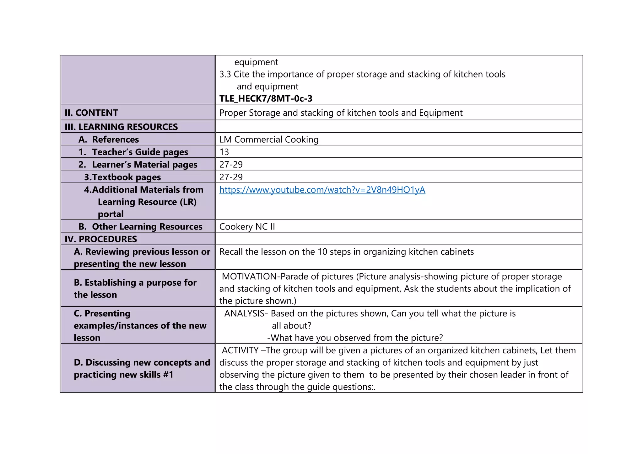 equipment
3.3 Cite the importance of proper storage and stacking of kitchen tools
and equipment
TLE_HECK7/8MT-0c-3
II. CONTENT Proper Storage and stacking of kitchen tools and Equipment
III. LEARNING RESOURCES
A. References LM Commercial Cooking
1. Teacher’s Guide pages 13
2. Learner’s Material pages 27-29
3.Textbook pages 27-29
4.Additional Materials from
Learning Resource (LR)
portal
https://www.youtube.com/watch?v=2V8n49HO1yA
B. Other Learning Resources Cookery NC II
IV. PROCEDURES
A. Reviewing previous lesson or
presenting the new lesson
Recall the lesson on the 10 steps in organizing kitchen cabinets
B. Establishing a purpose for
the lesson
MOTIVATION-Parade of pictures (Picture analysis-showing picture of proper storage
and stacking of kitchen tools and equipment, Ask the students about the implication of
the picture shown.)
C. Presenting
examples/instances of the new
lesson
ANALYSIS- Based on the pictures shown, Can you tell what the picture is
all about?
-What have you observed from the picture?
D. Discussing new concepts and
practicing new skills #1
ACTIVITY –The group will be given a pictures of an organized kitchen cabinets, Let them
discuss the proper storage and stacking of kitchen tools and equipment by just
observing the picture given to them to be presented by their chosen leader in front of
the class through the guide questions:.
 