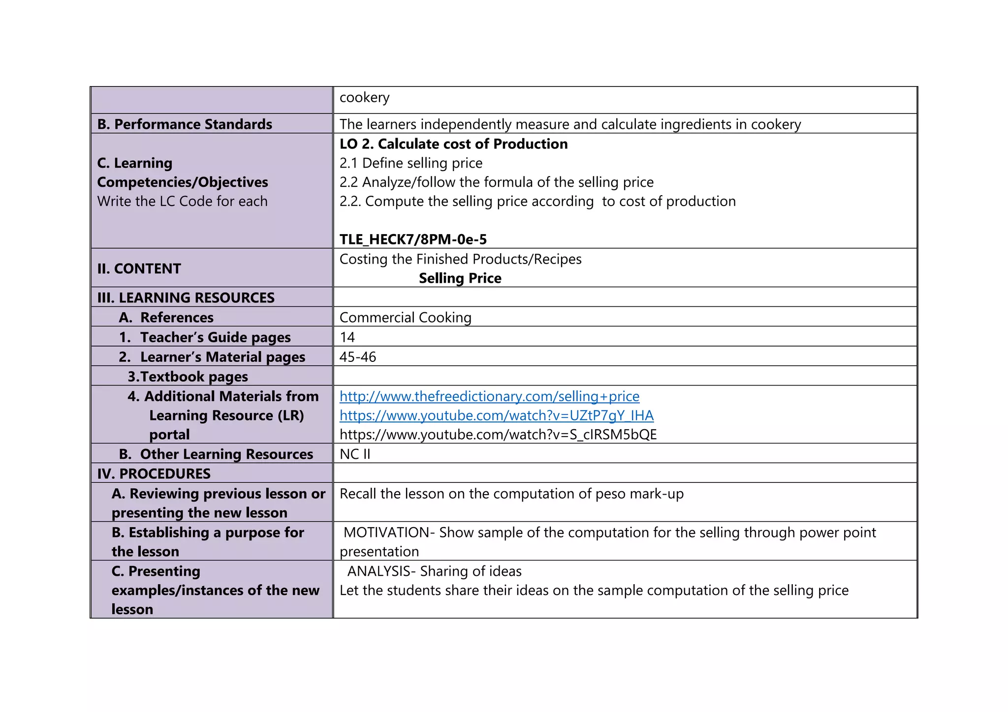 cookery
B. Performance Standards The learners independently measure and calculate ingredients in cookery
C. Learning
Competencies/Objectives
Write the LC Code for each
LO 2. Calculate cost of Production
2.1 Define selling price
2.2 Analyze/follow the formula of the selling price
2.2. Compute the selling price according to cost of production
TLE_HECK7/8PM-0e-5
II. CONTENT
Costing the Finished Products/Recipes
Selling Price
III. LEARNING RESOURCES
A. References Commercial Cooking
1. Teacher’s Guide pages 14
2. Learner’s Material pages 45-46
3.Textbook pages
4. Additional Materials from
Learning Resource (LR)
portal
http://www.thefreedictionary.com/selling+price
https://www.youtube.com/watch?v=UZtP7gY_IHA
https://www.youtube.com/watch?v=S_cIRSM5bQE
B. Other Learning Resources NC II
IV. PROCEDURES
A. Reviewing previous lesson or
presenting the new lesson
Recall the lesson on the computation of peso mark-up
B. Establishing a purpose for
the lesson
MOTIVATION- Show sample of the computation for the selling through power point
presentation
C. Presenting
examples/instances of the new
lesson
ANALYSIS- Sharing of ideas
Let the students share their ideas on the sample computation of the selling price
 