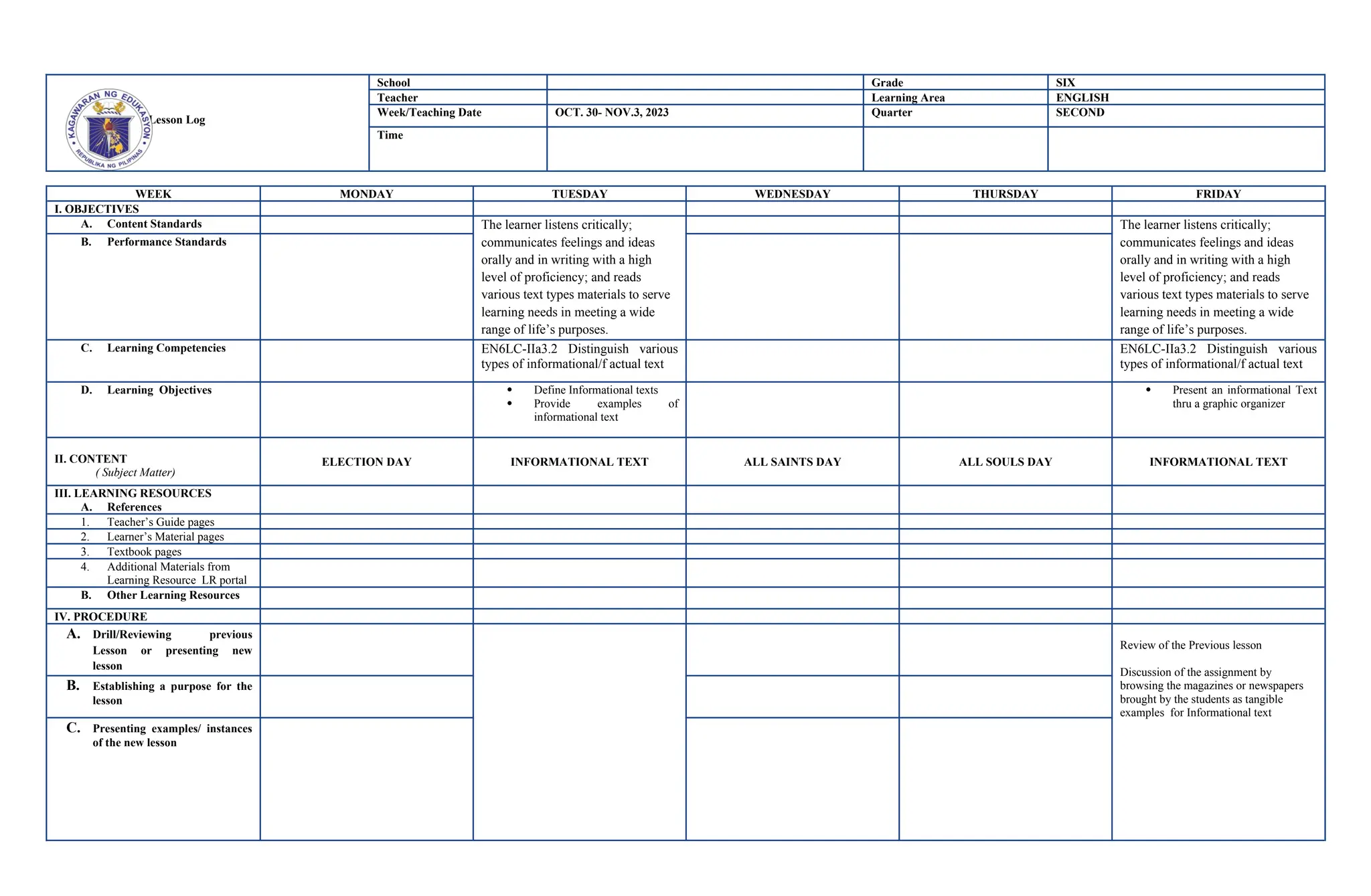 Daily lesson log in English for quarter 1 | DOCX