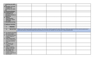 practicing new skills
#1
E. Discussing the new
concepts and
practicing new skills
#2
F. Developing Mastery
G. Finding practical
applications of
concepts and skills in
daily living
H. Making
generalization/
Abstraction about
the lesson
I. Evaluating Learning
J. Additional Activities
V. REMARKS
VI. REFLECTION Reflect on your teaching and assess yourselfas a teacher. Think aboutyour student’s progress this week. What works? What else needs to be done to help the students learn?
Identify what help your instructional supervisors can provide for you so when you meetthem,you can ask them in relevantquestionnaire.
A. No. of learners who earned
80% in the evaluation
B. No. of learners who require
additional activities for
remediation
C. Did the remedial lessons
work? No. of learners who
have caught up with the
lesson
D. No. of learners who
continue to require
remediation
E. Which of my teaching
strategies worked well?
Why did these work?
F. What difficulties did I
encounter which my
principal or supervisor can
help me solve?
 