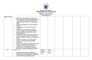 Republic of the Philippines
DEPARTMENT OF EDUCATION
Region VII – Central Visayas
Schools Division of Bohol
City of Tagbilaran
(01/09 – 01/13)
 Enumerate the properties of an ideal gas.
 Solve problems involving ideal gas equations
in contexts such as, but not limited to, the
design of metal containers for compressed
gases.
 Interpret PV diagrams of a thermodynamic
process.
 Compute the work done by a gas using
dW=PdV.
 State the relationship between changes
internal energy, work done, and thermal
energy supplied through the First Law of
Thermodynamics.
 Differentiate the following thermodynamic
processes and show them on a PV diagram:
isochoric, isobaric, isothermal, adiabatic, and
cyclic.
 Calculate the efficiency of a heat engine.
 Describe reversible and irreversible
processes.
 Explain how entropy is a measure of disorder.
 State the 2nd Law of Thermodynamics.
 Calculate entropy changes for various
processes e.g., isothermal process, free
expansion, constant pressure process, etc.
Day 1 Objective:
 Enumerate the properties of an ideal gas.
 Solve problems involving ideal gas equations in
contexts such as, but not limited to, the design of
metal containers for compressed gases.
SLM Wk: TG pp:
IPlan Wk: Day:
LG pp: Bk pp:
 