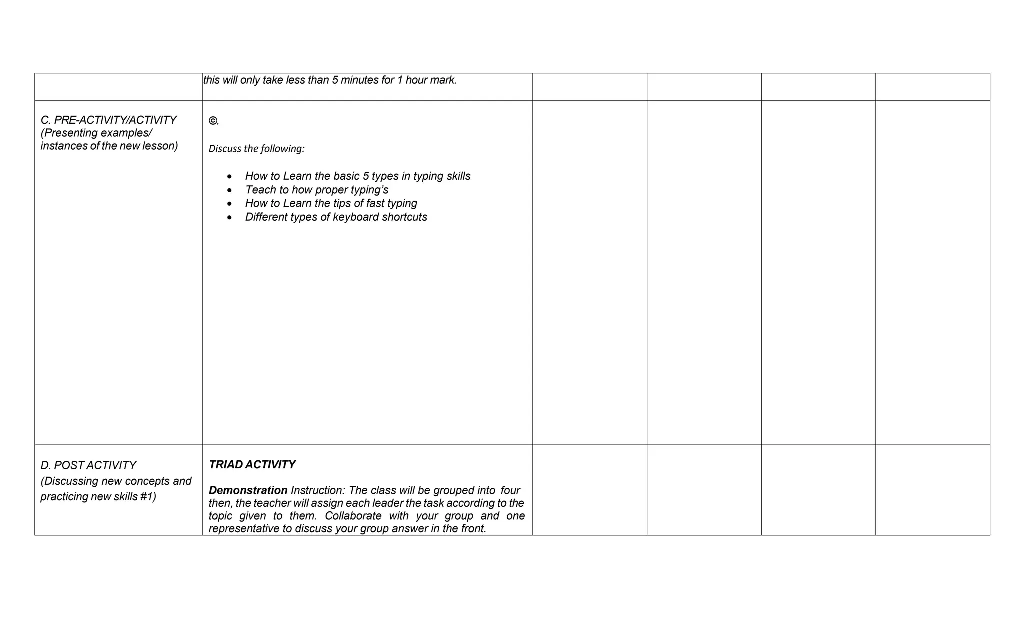 this will only take less than 5 minutes for 1 hour mark.
C. PRE-ACTIVITY/ACTIVITY
(Presenting examples/
instances of the new lesson)
©.
Discuss the following:
 How to Learn the basic 5 types in typing skills
 Teach to how proper typing’s
 How to Learn the tips of fast typing
 Different types of keyboard shortcuts
D. POST ACTIVITY
(Discussing new concepts and
practicing new skills #1)
TRIAD ACTIVITY
Demonstration Instruction: The class will be grouped into four
then, the teacher will assign each leader the task according to the
topic given to them. Collaborate with your group and one
representative to discuss your group answer in the front.
 