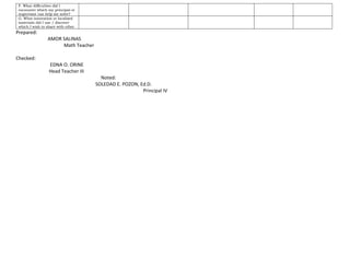 F. What difficulties did I
encounter which my principal or
supervisor can help me solve?
G. What innovation or localized
materials did I use / discover
which I wish to share with other.
Prepared:
AMOR SALINAS
Math Teacher
Checked:
EDNA O. ORINE
Head Teacher III
Noted:
SOLEDAD E. POZON, Ed.D.
Principal IV
 