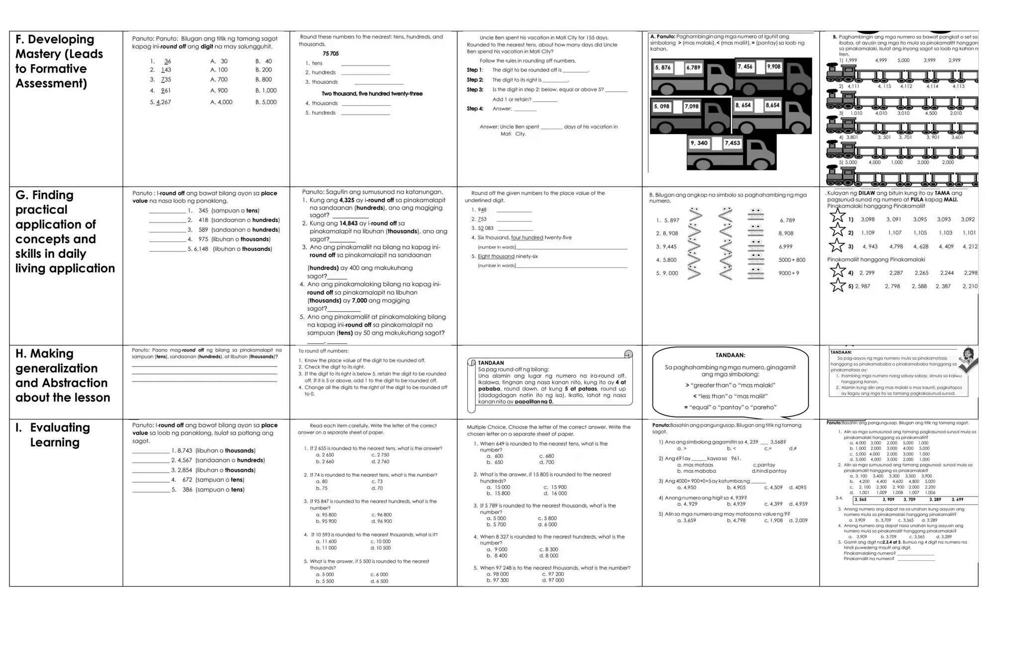 F. Developing
Mastery (Leads
to Formative
Assessment)
G. Finding
practical
application of
concepts and
skills in daily
living application
H. Making
generalization
and Abstraction
about the lesson
I. Evaluating
Learning
 