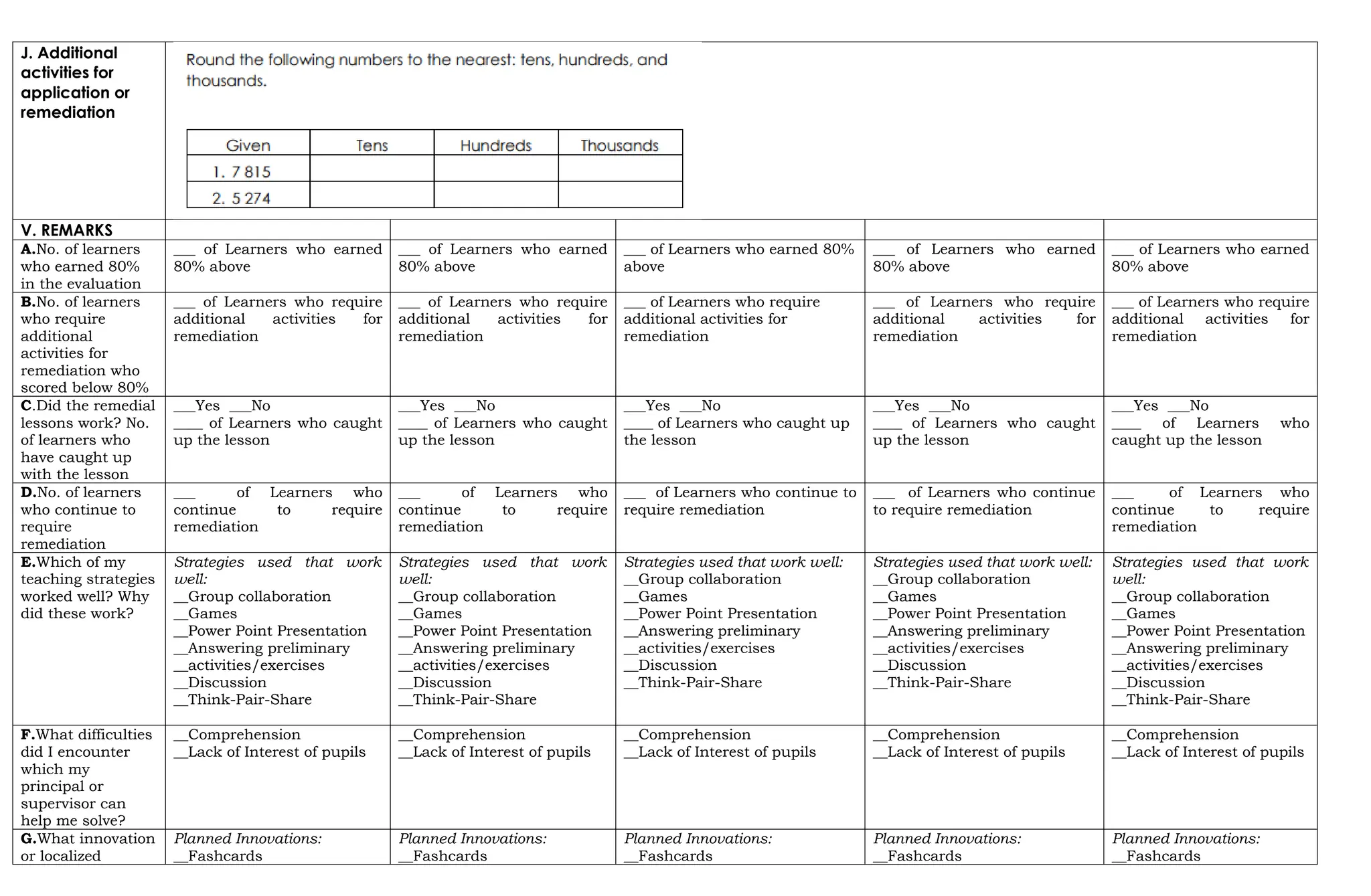J. Additional
activities for
application or
remediation
V. REMARKS
A.No. of learners
who earned 80%
in the evaluation
___ of Learners who earned
80% above
___ of Learners who earned
80% above
___ of Learners who earned 80%
above
___ of Learners who earned
80% above
___ of Learners who earned
80% above
B.No. of learners
who require
additional
activities for
remediation who
scored below 80%
___ of Learners who require
additional activities for
remediation
___ of Learners who require
additional activities for
remediation
___ of Learners who require
additional activities for
remediation
___ of Learners who require
additional activities for
remediation
___ of Learners who require
additional activities for
remediation
C.Did the remedial
lessons work? No.
of learners who
have caught up
with the lesson
___Yes ___No
____ of Learners who caught
up the lesson
___Yes ___No
____ of Learners who caught
up the lesson
___Yes ___No
____ of Learners who caught up
the lesson
___Yes ___No
____ of Learners who caught
up the lesson
___Yes ___No
____ of Learners who
caught up the lesson
D.No. of learners
who continue to
require
remediation
___ of Learners who
continue to require
remediation
___ of Learners who
continue to require
remediation
___ of Learners who continue to
require remediation
___ of Learners who continue
to require remediation
___ of Learners who
continue to require
remediation
E.Which of my
teaching strategies
worked well? Why
did these work?
Strategies used that work
well:
__Group collaboration
__Games
__Power Point Presentation
__Answering preliminary
__activities/exercises
__Discussion
__Think-Pair-Share
Strategies used that work
well:
__Group collaboration
__Games
__Power Point Presentation
__Answering preliminary
__activities/exercises
__Discussion
__Think-Pair-Share
Strategies used that work well:
__Group collaboration
__Games
__Power Point Presentation
__Answering preliminary
__activities/exercises
__Discussion
__Think-Pair-Share
Strategies used that work well:
__Group collaboration
__Games
__Power Point Presentation
__Answering preliminary
__activities/exercises
__Discussion
__Think-Pair-Share
Strategies used that work
well:
__Group collaboration
__Games
__Power Point Presentation
__Answering preliminary
__activities/exercises
__Discussion
__Think-Pair-Share
F.What difficulties
did I encounter
which my
principal or
supervisor can
help me solve?
__Comprehension
__Lack of Interest of pupils
__Comprehension
__Lack of Interest of pupils
__Comprehension
__Lack of Interest of pupils
__Comprehension
__Lack of Interest of pupils
__Comprehension
__Lack of Interest of pupils
G.What innovation
or localized
Planned Innovations:
__Fashcards
Planned Innovations:
__Fashcards
Planned Innovations:
__Fashcards
Planned Innovations:
__Fashcards
Planned Innovations:
__Fashcards
 