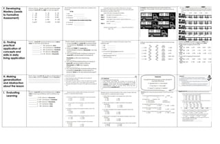 F. Developing
Mastery (Leads
to Formative
Assessment)
G. Finding
practical
application of
concepts and
skills in daily
living application
H. Making
generalization
and Abstraction
about the lesson
I. Evaluating
Learning
 