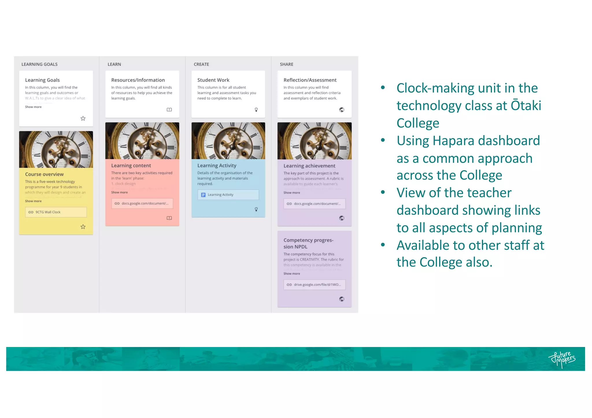 • Clock-making unit in the
technology class at Ōtaki
College
• Using Hapara dashboard
as a common approach
across the College
• View of the teacher
dashboard showing links
to all aspects of planning
• Available to other staff at
the College also.
 