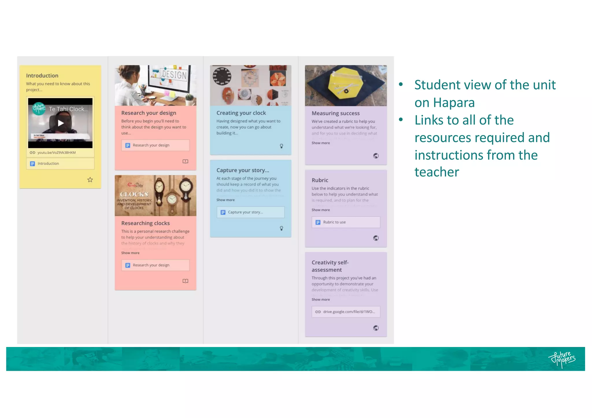 • Student view of the unit
on Hapara
• Links to all of the
resources required and
instructions from the
teacher
 