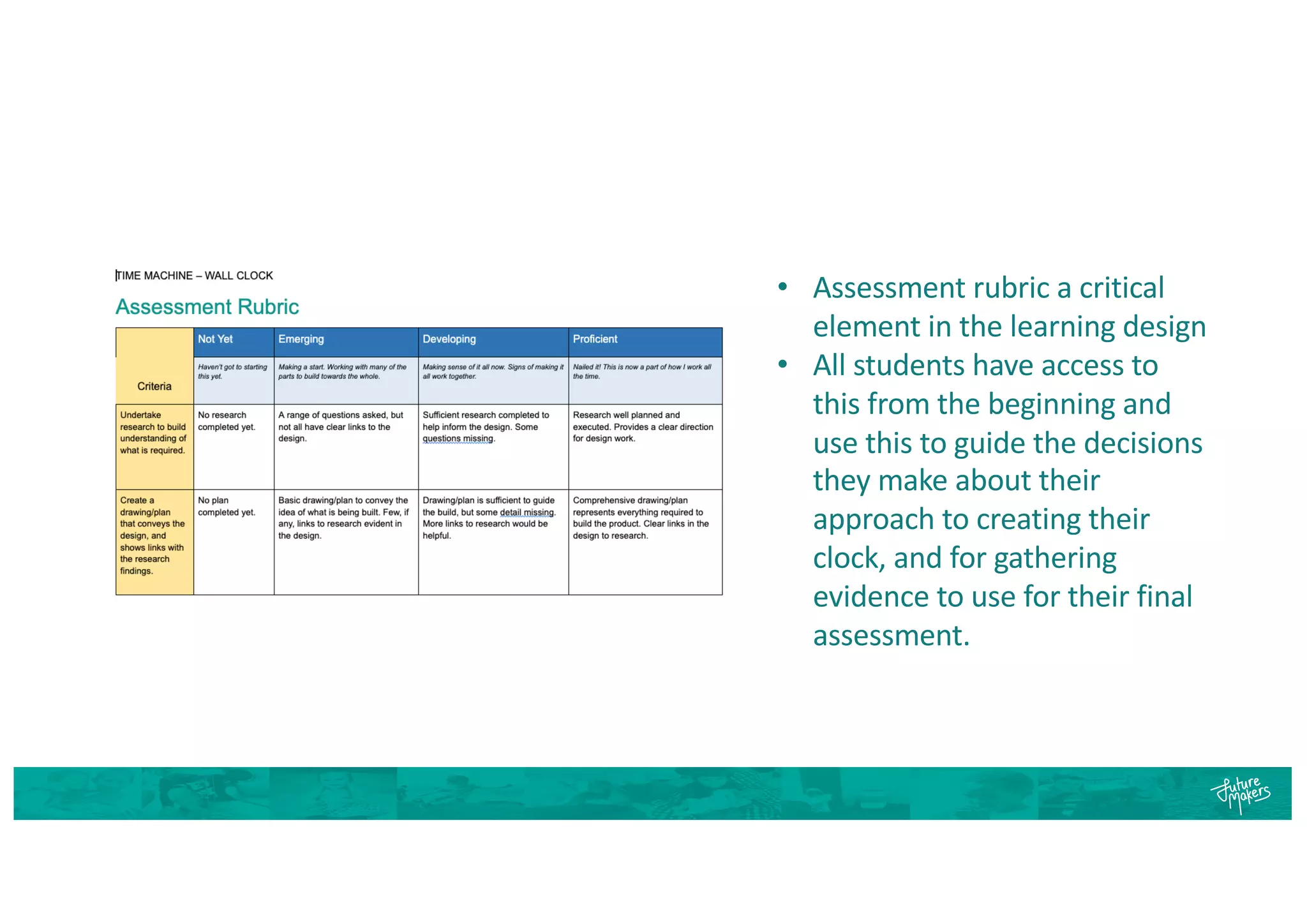 • Assessment rubric a critical
element in the learning design
• All students have access to
this from the beginning and
use this to guide the decisions
they make about their
approach to creating their
clock, and for gathering
evidence to use for their final
assessment.
 