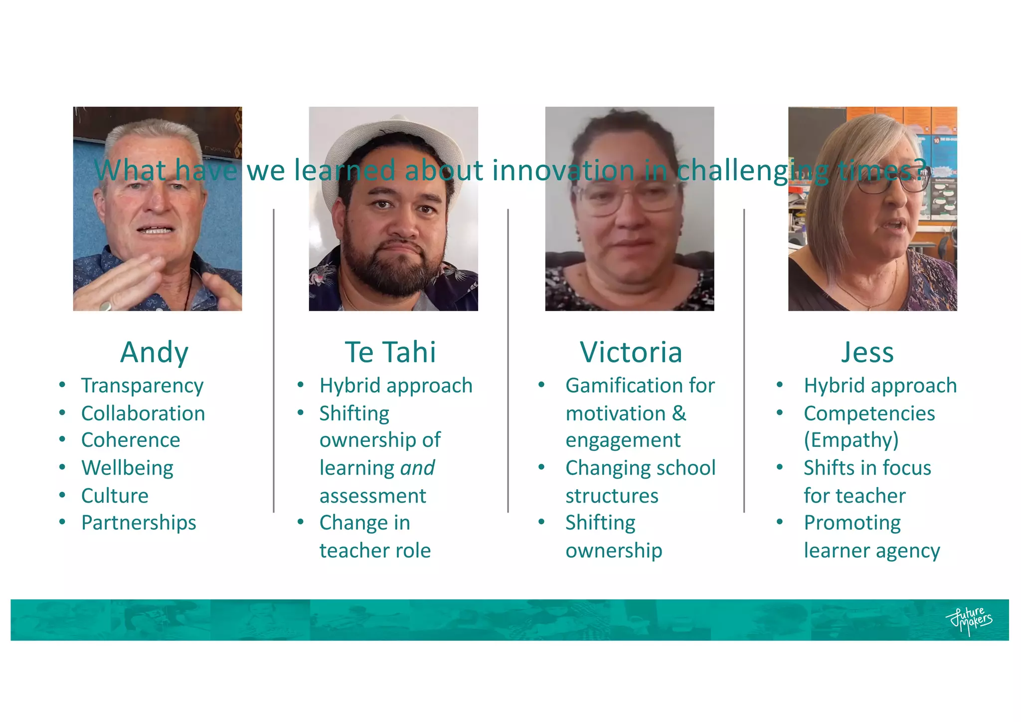 Andy
• Transparency
• Collaboration
• Coherence
• Wellbeing
• Culture
• Partnerships
Victoria
• Gamification for
motivation &
engagement
• Changing school
structures
• Shifting
ownership
Te Tahi
• Hybrid approach
• Shifting
ownership of
learning and
assessment
• Change in
teacher role
Jess
• Hybrid approach
• Competencies
(Empathy)
• Shifts in focus
for teacher
• Promoting
learner agency
What have we learned about innovation in challenging times?
 