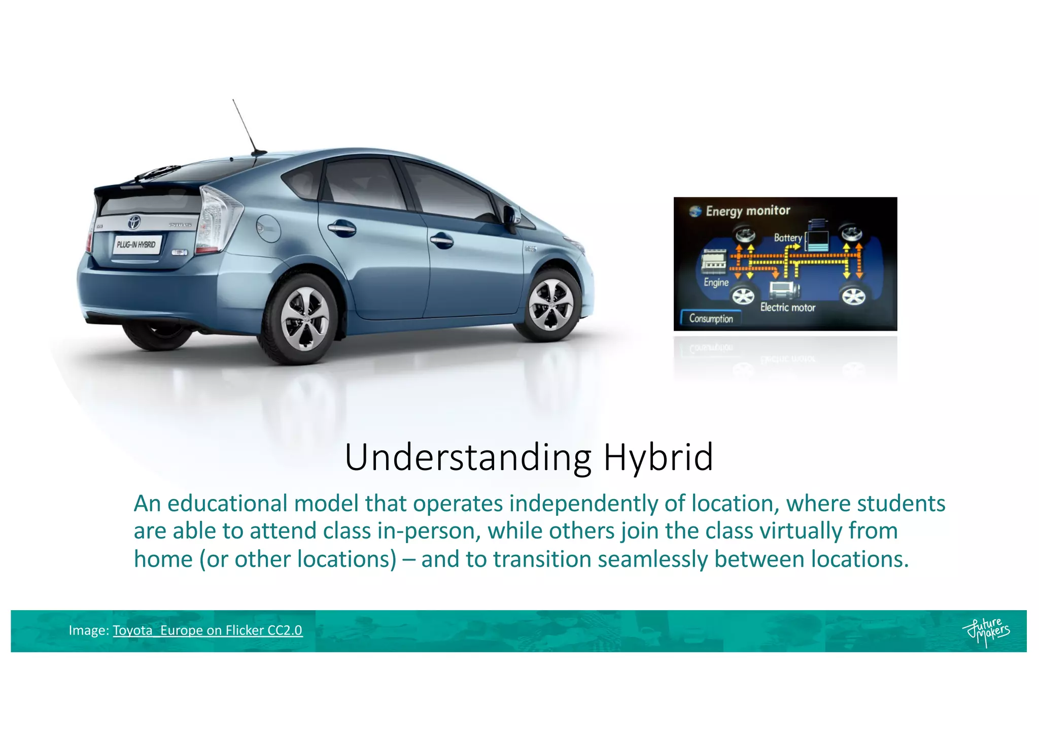 An educational model that operates independently of location, where students
are able to attend class in-person, while others join the class virtually from
home (or other locations) – and to transition seamlessly between locations.
Understanding Hybrid
Image: Toyota_Europe on Flicker CC2.0
 