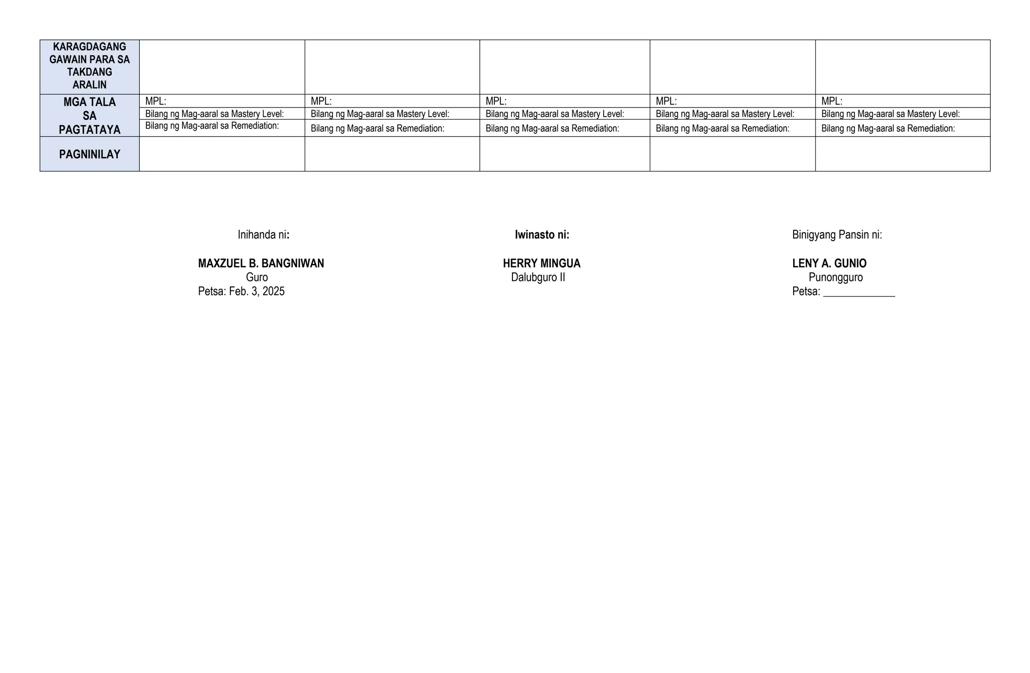 KARAGDAGANG
GAWAIN PARA SA
TAKDANG
ARALIN
MGA TALA
SA
PAGTATAYA
MPL: MPL: MPL: MPL: MPL:
Bilang ng Mag-aaral sa Mastery Level: Bilang ng Mag-aaral sa Mastery Level: Bilang ng Mag-aaral sa Mastery Level: Bilang ng Mag-aaral sa Mastery Level: Bilang ng Mag-aaral sa Mastery Level:
Bilang ng Mag-aaral sa Remediation: Bilang ng Mag-aaral sa Remediation: Bilang ng Mag-aaral sa Remediation: Bilang ng Mag-aaral sa Remediation: Bilang ng Mag-aaral sa Remediation:
PAGNINILAY
Inihanda ni: Iwinasto ni: Binigyang Pansin ni:
MAXZUEL B. BANGNIWAN HERRY MINGUA LENY A. GUNIO
Guro Dalubguro II Punongguro
Petsa: Feb. 3, 2025 Petsa: _____________
 