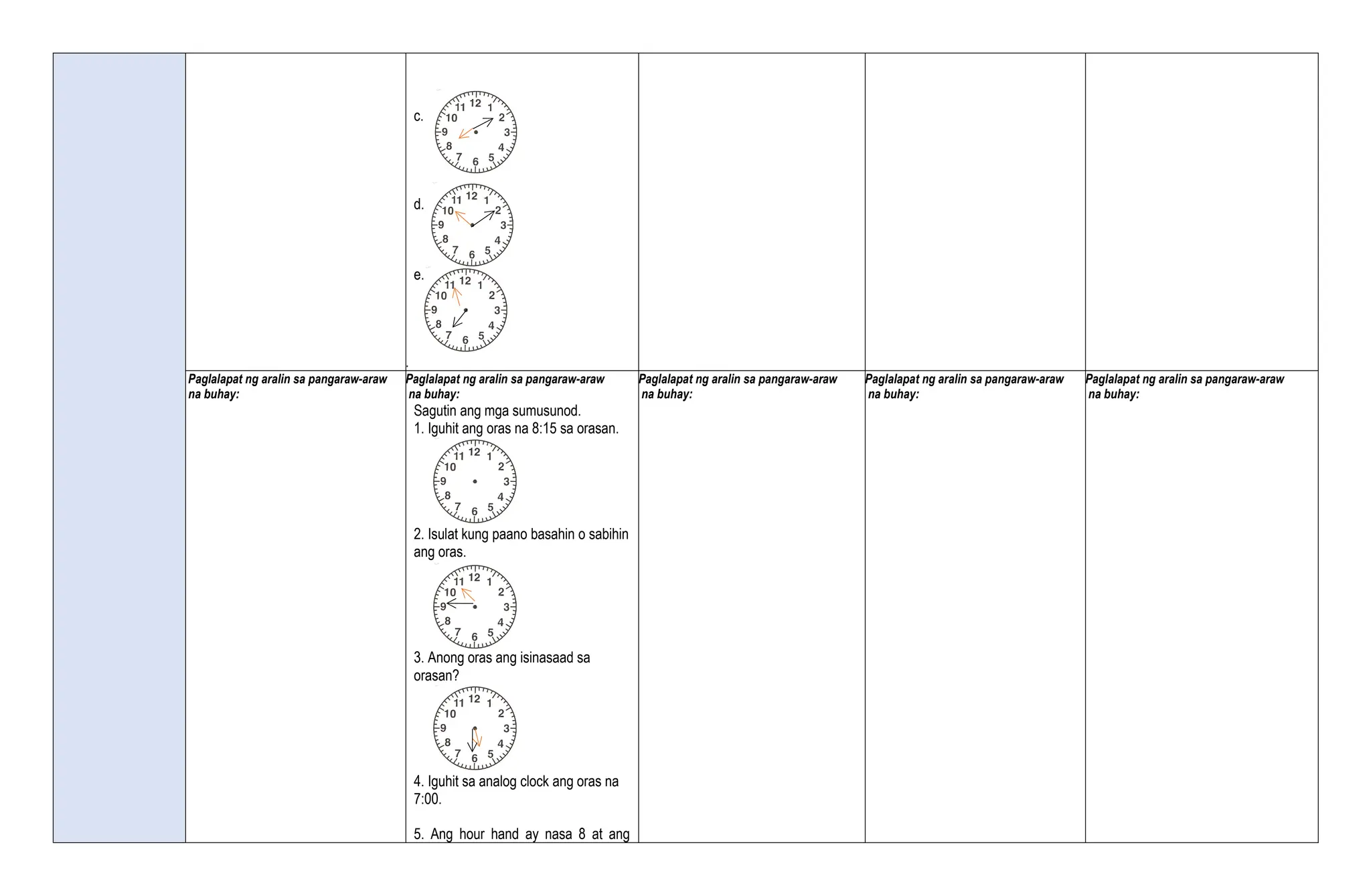 c.
d.
e.
.
Paglalapat ng aralin sa pangaraw-araw
na buhay:
Paglalapat ng aralin sa pangaraw-araw
na buhay:
Sagutin ang mga sumusunod.
1. Iguhit ang oras na 8:15 sa orasan.
2. Isulat kung paano basahin o sabihin
ang oras.
3. Anong oras ang isinasaad sa
orasan?
4. Iguhit sa analog clock ang oras na
7:00.
5. Ang hour hand ay nasa 8 at ang
Paglalapat ng aralin sa pangaraw-araw
na buhay:
Paglalapat ng aralin sa pangaraw-araw
na buhay:
Paglalapat ng aralin sa pangaraw-araw
na buhay:
 