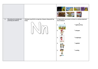 E. Discussing new concepts and
practicing new skills #2
Pakulayan ang titik Nn sa mga bata. (Hayaan silang pumili ng
kulay)
A. Pagtambalin ang larawan sa Hanay A sa salitang nagsasaad
nito sa Hanay B.
A B
1. * naghinay-hinay
2. * nahugaw
3. * nanglimpyo
4. * nagbitbit
5. * nanilhig
 