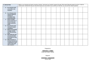 VI. REFLECTION Reflect on your teaching and assess yourself as a teacher. Think about your students’ progress this week. What works? What else needs to be done to help the
students learn? Identify what help your instructional supervisors can provide for you so when you meet them, you can ask them relevant questions.
A. No. of learners who
earned 80% in the
evaluation
B. No. of learners who
acquired additional
activities for
remediation who
scored below 80%
C. Did the remedial
lessons work? No. of
learners who have
caught up with the
lesson.
D. No. of learners who
continue to require
remediation.
E. Which of my teaching
strategies worked
well? Why did these
work?
F. What difficulties did I
encountered which
my principal can help
me solve?
G. What innovation or
localized materials did
I used/discover which
I wish to share with
other teachers?
Prepared by:
PRINCESS C. GOMEZ
Kinder and Grade I Adviser
Observer:
CHESTER E. TANQUEZON
School Head
 