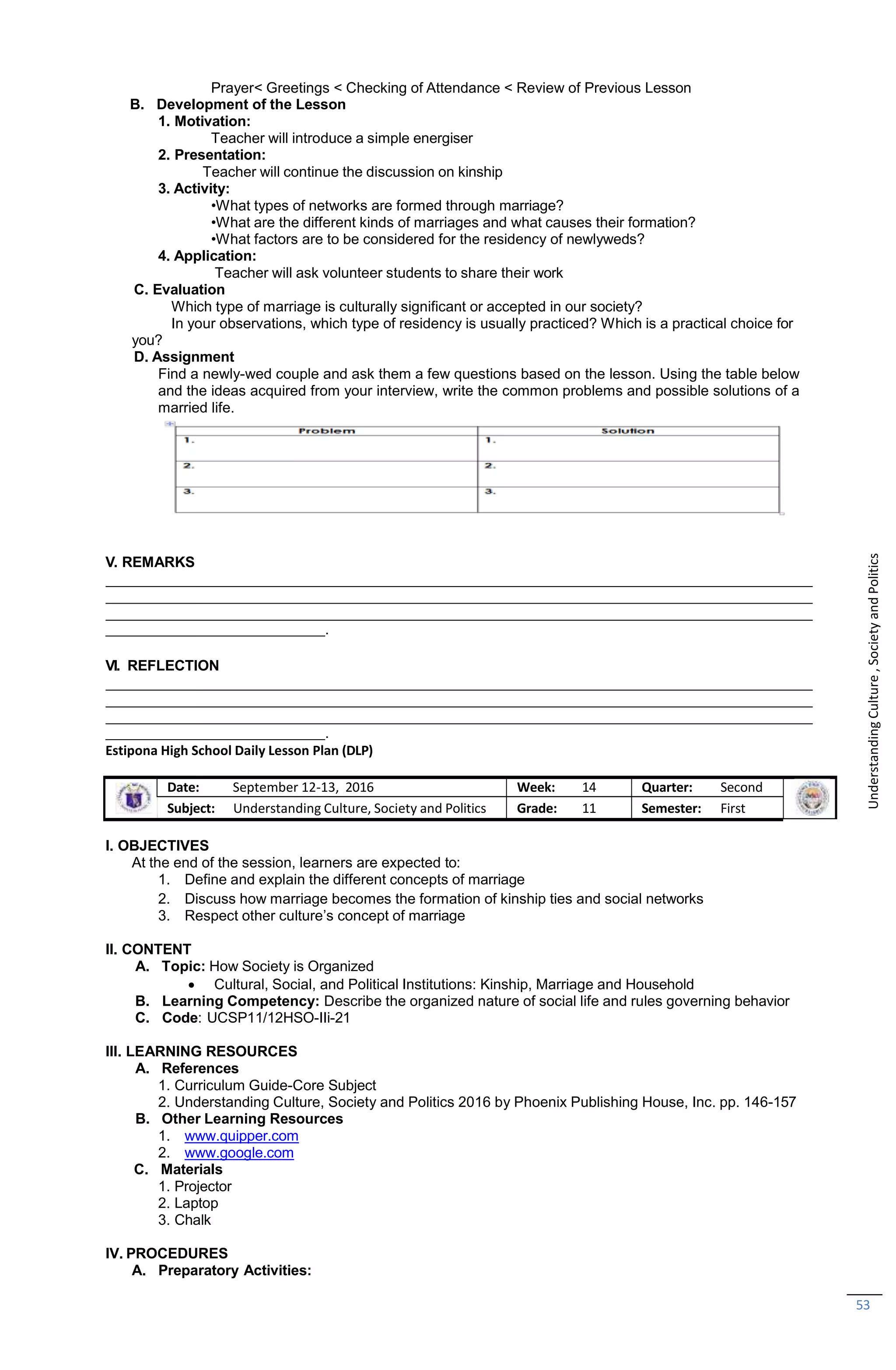 Prayer< Greetings < Checking of Attendance < Review of Previous Lesson
B. Development of the Lesson
1. Motivation:
Teacher will introduce a simple energiser
2. Presentation:
Teacher will continue the discussion on kinship
3. Activity:
•What types of networks are formed through marriage?
•What are the different kinds of marriages and what causes their formation?
•What factors are to be considered for the residency of newlyweds?
4. Application:
Teacher will ask volunteer students to share their work
C. Evaluation
Which type of marriage is culturally significant or accepted in our society?
In your observations, which type of residency is usually practiced? Which is a practical choice for
you?
D. Assignment
Find a newly-wed couple and ask them a few questions based on the lesson. Using the table below
and the ideas acquired from your interview, write the common problems and possible solutions of a
married life.
V. REMARKS
.
VI. REFLECTION
.
Estipona High School Daily Lesson Plan (DLP)
Date: September 12-13, 2016 Week: 14 Quarter: Second
Subject: Understanding Culture, Society and Politics Grade: 11 Semester: First
I. OBJECTIVES
At the end of the session, learners are expected to:
1. Define and explain the different concepts of marriage
2. Discuss how marriage becomes the formation of kinship ties and social networks
3. Respect other culture’s concept of marriage
II. CONTENT
A. Topic: How Society is Organized
 Cultural, Social, and Political Institutions: Kinship, Marriage and Household
B. Learning Competency: Describe the organized nature of social life and rules governing behavior
C. Code: UCSP11/12HSO-IIi-21
III. LEARNING RESOURCES
A. References
1. Curriculum Guide-Core Subject
2. Understanding Culture, Society and Politics 2016 by Phoenix Publishing House, Inc. pp. 146-157
B. Other Learning Resources
1. www.quipper.com
2. www.google.com
C. Materials
1. Projector
2. Laptop
3. Chalk
IV. PROCEDURES
A. Preparatory Activities:
53
Understanding
Culture
,
Society
and
Politics
 