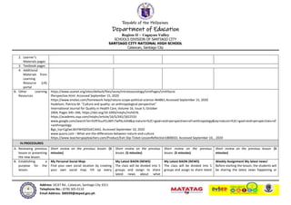 Republic of the Philippines
Department of Education
Region II – Cagayan Valley
SCHOOLS DIVISION OF SANTIAGO CITY
SANTIAGO CITY NATIONAL HIGH SCHOOL
Calaocan, Santiago City
Address: SICAT Rd., Calaocan, Santiago City 3311
Telephone No.: (078) 305-0110
Email Address: 300599@deped.gov.ph
2. Learner’s
Materials pages
3. Textbook pages
4. Additional
Materials from
Learning
Resource (LR)
portal
B. Other Learning
Resources
https://www.asanet.org/sites/default/files/savvy/introtosociology/UnitPages/UnitISocio
lPerspective.html. Accessed September 15, 2020
https://www.enotes.com/homework-help/nature-scope-political-science-464861.Accessed September 15, 2020
Hudelson, Patricia M. “Culture and quality: an anthropological perspective”
International Journal for Quality in Health Care, Volume 16, Issue 5, October
2004, Pages 345–346, https://doi.org/10.1093/intqhc/mzh076.
https://academic.oup.com/intqhc/article/16/5/345/1822533
www.google.com/search?ei=hVfFXuuFEuWFr7wPkLmA4&q=nature+%2C+goal+and+perspectives+of+anthropology&oq=nature+%2C+goal+and+perspectives+of
+anthropology
&gs_lcp=CgZwc3ktYWIQDDoECAAQ. Accessed September 10, 2020
www.quora.com › What-are-the-differences-between-nature-and-culture
https://www.teacherspayteachers.com/Product/Exit-Slip-Ticket-LessonReflection1800033. Accessed September 10, , 2020
IV.PROCEDURES
A. Reviewing previous
lesson or presenting
the new lesson.
Short review on the previous lesson. (5
minutes)
Short review on the previous
lesson. (5 minutes)
Short review on the previous
lesson. (5 minutes)
Short review on the previous lesson. (5
minutes)
B. Establishing a
purpose for the
lesson.
My Personal Social Map:
Find your own social location by creating
your own social map. Fill up every
My Latest BAON (NEWS)
The class will be divided into 5
groups and assign to share
latest news about what
My Latest BAON (NEWS)
The class will be divided into 5
groups and assign to share latest
Weekly Assignment My latest news!
Before starting the lesson, the students will
be sharing the latest news happening or
 