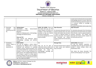 Republic of the Philippines
Department of Education
Region II – Cagayan Valley
SCHOOLS DIVISION OF SANTIAGO CITY
SANTIAGO CITY NATIONAL HIGH SCHOOL
Calaocan, Santiago City
Address: SICAT Rd., Calaocan, Santiago City 3311
Telephone No.: (078) 305-0110
Email Address: 300599@deped.gov.ph
society (social institutions/structures) while
anthropology focuses on culture. With this,
identify the following statements below if it
is a scenario related to sociology or
anthropology.
The words in bold letters serve as your clue.
E. Discussing new
concepts and
practicing new skills
#2.
Getting deeper:
DISCUSSION TIME (lecture-based
instruction).(15 minutes)
#Pinpoint
Define the following terms: Anthropology,
Sociology and Political Science.
Show and Tell
Show pictures and definitions about
anthropology, sociology and political
science
GUESS THE WORD. There are
five words that you can find
below; however, the letters are
jumbled. A short description is
provided to help you identify
the words. Kindly write
the correct word/phrase on the
blanks provided.
Open Discussion
An interactive discussion from the
previous guessed word and shall
choose one student who will pick
a word to expound based on
previous discussion. The student
who discussed will choose
another student for the next word
and so on.
Open Discussion
An interactive discussion from the previous
guessed word and shall choose one student
who will pick a word to expound based on
previous discussion. The student who
discussed will choose another student for
the next word and so on.
F. Developing
mastery. (Leads to
Formative
Assessment 3)
PINOY HENYO.
You will be playing a pinoy henyo,
presenting the different ways of living,
livelihood and politicians or anything
related to culture, society and politics. The
class will be divided into 4 groups and will
be given 2 mins to answer and guess the
given pictures. The assigned leader will only
be in-charge to guess by asking logical
questions however the you are not allowed
to say other answers except with the words
like “OO, HINDI and PWEDE”
Ask:
How can we be able to
understand culture, politics and
society and the changes therein
through the study of
Anthropology, Sociology and
Political Science?
Message Relay
Pass the common terms or phrase
of what culture and traditions
they are known.
SQUIZ GAME (20minutes)
To test the students acquisition of
knowledge about the topic the teacher will
provide a simple multiple choice and
identification items.
Quiz about the lesson discussed. The
learners will be playing “A Laro ng Lahi”.
 