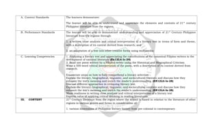 A. Content Standards The learners demonstrate:
The learner will be able to understand and appreciate the elements and contexts of 21st
century
Philippine literature from the regions.
B. Performance Standards The learner will be able to demonstrate understanding and appreciation of 21st
Century Philippine
literature from the regions through:
1. a written close analysis and critical interpretation of a literary text in terms of form and theme,
with a description of its context derived from research; and
2. an adaptation of a text into other creative forms using multimedia:
C. Learning Competencies 1. Analyzing a literary text and appreciating the contributions of the canonical Filipino writers to the
development of national literature (En12Lit-Ic-24)
2. Read one poem written by a Filipino writer using the Historical and Biographical Criticism.
Write a 500-word critical interpretation of the poem, with a description of its context derived from
research.
Enumerate steps on how to fully comprehend a literary selection
Explain the literary, biographical, linguistic, and sociocultural contexts and discuss how they
enhance the text’s meaning and enrich the reader’s understanding. (EN12Lit-Ie-28)
Discuss different approaches in critiquing literary text.
Explain the literary, biographical, linguistic, and sociocultural contexts and discuss how they
enhance the text’s meaning and enrich the reader’s understanding. (EN12Lit-Ie-28)
Show readiness in writing close analysis and critical interpretation of a literary text
Express value of applying critical thinking in reading literatures.
III. CONTENT 21st
Century literature from the region where the school is based in relation to the literature of other
regions in various genres and forms in consideration of:
1. various dimensions of Philippine literary history from pre-colonial to contemporary.
 