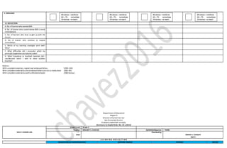 V. REMARKS
VI. REFLECTION
A. No. oflearnerwho earned 80%
B .No. of learner who scored below 80% ( needs
remediation)
C. No. of learners who have caught up with the
lesson
D. No of learner who continue to require
remediation
E. Which of my teaching strategies work well?
Why?
F. What difficulties did I encounter which my
principal /supervisorcan helpme solve?
G. What innovation or localized materials did I
use/discover which I wish to share w/other
teacher?
Rubrics:
With completematerials, created neat embossedletters 5/(90-100)
With completematerials buttheembossedletters arenotso neatly done 3/(81-89)
With completematerials butwithunfinishedartwork 2/(80 below )
Department ofEducation
Region V
Division ofCamarines Sur
San Fernando District
PLANZAELEMENTARY SCHOOL
(Enclosure to DepEd Order No. 42.s.2016)
DAILY LESSON LOG
Grade Level Grade 2
Teacher MELODY C. CHAVEZ Q3WK6D3Quarter: THIRD
Date
Checked by:
EMMA S. CASIGAY
ESHT-I
L E A R N I N G A R E A S / T I M E
EDUKASYON SA PAGPAPAKATAO MOTHER TONGUE FILIPINO RECESS
80 above –reinforce
60 –79 - remediate
59 below –re teach
80 above –reinforce
60 –79 - remediate
59 below –re teach
80 above –reinforce
60 –79 - remediate
59 below –re teach
80 above –reinforce
60 –79 - remediate
59 below –re teach
 