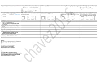 I. Evaluating learning ( Evaluation/Pagtataya )
Look at the illustration.Number it from 1-5 basedon
the story wehavejust read.
_____ Richard runs to theslideand hides behindit.
_____ Jen cover her eyes and count up to thirty.
_____ Jen spots Richard and tells him“Tag, you’reit!”
_____ Marla goes behind the tree.
_____ Jen opens her eyes and walks around.
LMEbalwasyonp.266 Ilista ang mga likas yamang galing sa tubig atang
mga yamanna makukuha dito.
Write Tifit is a sign or symptom offood-borne
diseases and writeF ifit is not.
Pleaserefer toLM Leksyon 22
PagsukolkanKaaraman onpage 212.
J. Additional activities for application and
remediation ( Assignment/ Takdang Aralin)
Draw an illustrationon thesteps on whatyou do
before going to school.
LMGibohon sa Harong pp.266-267 Gumawa ng isang albumng mga likas yamanmula sa
tubig. Gumawa ng maikling tugma o kuwento mula
dito
Interview yourparents. List downthecommon
signs andsymptoms offood-borne diseases.
Write your answers inyour Health notebook.
V. REMARKS
VI. REFLECTION
A. No. oflearnerwho earned 80%
B .No. oflearner whoscored below 80% ( needs
remediation)
C. No. oflearners whohave caught upwith the
lesson
D. No oflearner whocontinueto require
remediation
E. Which ofmy teaching strategies work well?
Why?
F. What difficulties didI encounter which my
principal /supervisorcan helpme solve?
G. What innovation orlocalizedmaterials didI
use/discoverwhich I wish to sharew/other
teacher?
Rubrics:
10 – maylima 0 sobra pa na naisurat na sitwasyon
8 – mayapat na naisurat na sitwasyon
6 – maytolo na naisurat na sitwasyon
4 – may2 na naisurat na sitwasyon
2 – may1 naisurat na sitwasyon
0 – mayong naisurat na sitwasyon
Rubrics:
10- naipahiling ninmalinawansitwasyon.
6- naipahiling an sitwasyonperobakogayo malinaw
2 – naipahiling an sitwasyonperobakomalinaw
0 – mayong naipahiling na sitwasyon
80 above –reinforce
60 –79 - remediate
59 below –re teach
80 above –reinforce
60 –79 - remediate
59 below –re teach
80 above –reinforce
60 –79 - remediate
59 below –re teach
80 above –reinforce
60 –79 - remediate
59 below –re teach
 
