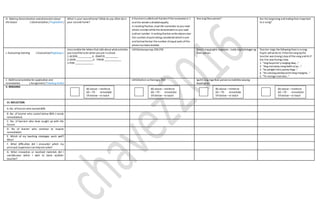H. Making Generalization andabstractionabout
the lesson ( Generalization / Paglalahat )
What is your secondhome? What do you often doin
your second home?
A fractionis calledunit fractionifthenumeratoris 1
and the wholeis divided equally
In reading fraction,read the numerator as you read
whole numberwhilethedenominatoras you read
ordinal number. In writing fraction writeabovea bar
the numberofparts being considered whichis one
and belowthebar thenumber ofequal parts ofthe
whole has beendivided
Ano ang likas yaman? Are the beginning and ending lines important
to a song?
I. Evaluating learning ( Evaluation/Pagtataya )
Unscramblethe letters that tells about whatactivities
you love/liketodo when youare inschool.
1.ACDEN ___________4. ENAPCR __________
2.DEAR _____________5. TIREW _____________
3.POH ______________
LMEbalwasyonpp.258-259 Gamit ang graphic organizer , isulat ang kahulugan ng
likas yaman.
Teacher sings the following lines in a song.
Pupils willwriteUL ifthelinesang bythe
teacher was Unang Linya ofthesong and HLif
the line was Huring Linya.
1. “Ang bayanko’y tanging ikaw…”
2. “Ang mamatay nang dahilsa’yo….”
3. “Sa paligid nito’y panay linga…”
4. “An sakong pamilya pirmilang maogma…”
5. “Ta matago manako…”
J. Additional activities for application and
remediation ( Assignment/ Takdang Aralin)
LMGibohon sa Harong p.259 Iguhit ang mga likas yamanna makikita saiyong
kapaligiran.
V. REMARKS
VI. REFLECTION
A. No. oflearnerwho earned 80%
B .No. of learner who scored below 80% ( needs
remediation)
C. No. of learners who have caught up with the
lesson
D. No of learner who continue to require
remediation
E. Which of my teaching strategies work well?
Why?
F. What difficulties did I encounter which my
principal /supervisorcan helpme solve?
G. What innovation or localized materials did I
use/discover which I wish to share w/other
teacher?
80 above –reinforce
60 –79 - remediate
59 below –re teach
80 above –reinforce
60 –79 - remediate
59 below –re teach
80 above –reinforce
60 –79 - remediate
59 below –re teach
80 above –reinforce
60 –79 - remediate
59 below –re teach
 