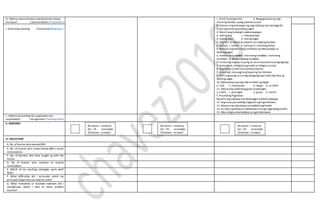 H. Making Generalization andabstractionabout
the lesson ( Generalization / Paglalahat )
c. Hindi itopapansinin. d. Magagawa pa ng mga
munting kastilyo upang ipaanod sa alon.
B. Tukuyin ang kahulugan ng mga salitang may salungguhit.
Isulat ang letra ng wastong sagot.
4. Mainit ang buhangin sadalampasigan.
a. tabing ilog c. tabing bahay
b. tabing daan d. tabing dagat
5. Ang Hari at Reyna ay nakatira sa malaking kastilyo.
a. dampa c. bahay b. palasyo d. malaking bahay
6. Nadapa ang bata nang kumaripas ng takbopalayo sa
dalampasigan.
a. mabilis na tumakbob. marahang tumakboc. mahinang
tumakbo d. dahan-dahang tumakbo
D. Isulatang angkop na pang-uri sa sumusunodna pangungusap.
7. (malambot, matigas) ang bulak na inilagaysa unan.
8. Ang tubig sa batis ay(malinaw,malinit).
9. (maunlad,malusog) ang bayanng San Antonio.
E. Piliin ang pang-urisa mga pangungusap.Isulat ang letra ng
tamang sagot.
10. Makukulayang mga isda sa ilalim ng dagat.
a. isda c. makukulay b. dagat d. sa ilalim
11. Mahalang nabili kong gulay sa palengke.
a. nabili c. palengke b. gulay d. mahal
F. Pasalitang Pagtataya
Basahin ang salitang may diptonggosa bawat pahayag.
12. Ang nanayay mahilig magtanimng mga halaman.
13. Napunong makukulay na bulaklakang hardin.
14. Sa itaas ng bahayay matatanaw moang magandang hardin.
15. May tubig na dumadaloy sa mga halamanan.
I. Evaluating learning ( Evaluation/Pagtataya )
J. Additional activities for application and
remediation ( Assignment/ Takdang Aralin)
V. REMARKS
VI. REFLECTION
A. No. oflearnerwho earned 80%
B .No. of learner who scored below 80% ( needs
remediation)
C. No. of learners who have caught up with the
lesson
D. No of learner who continue to require
remediation
E. Which of my teaching strategies work well?
Why?
F. What difficulties did I encounter which my
principal /supervisorcan helpme solve?
G. What innovation or localized materials did I
use/discover which I wish to share w/other
teacher?
80 above –reinforce
60 –79 - remediate
59 below –re teach
80 above –reinforce
60 –79 - remediate
59 below –re teach
80 above –reinforce
60 –79 - remediate
59 below –re teach
 