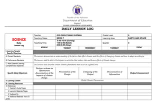 Republic of the Philippines
Department of Education
Region I
SCHOOLS DIVISION OF ILOCOS NORTE
DAILY LESSON LOG
SCIENCE
Daily
Lesson Log
Teacher GOLDWIN FRANK GUZMAN Grade Level 9
Teaching Dates WEEK 7 Learning Area EARTH AND SPACE
Teaching Time
9:45-10:45 (Donaig)
1:00-2:00 (Batek)
2:00-3:00 (Allap)
Quarter 3
MONDAY TUESDAY WEDNESDAY THURSDAY FRIDAY
I. Learning Targets/
Specific Objectives
A. Content Standards The learners demonstrate an understanding of the factors that affect climate, and the effects of changing climate and how to adapt accordingly.
B. Performance Standards The learners shall be able to Participate in activities that reduce risks and lessen effects of climate change.
C. Most Essential Learning
Competencies/ Objectives
The learners shall describe certain climatic phenomena that occur on a global level.
Specific (Daily) Objective/s
Design a scheme on
information
dissemination of the
impacts of climate
change.
Presentation of the
Design
Critiquing of the
Output
Dissemination of
Information
Output Assessment
II. Learning Content Global Climate Phenomenon
III. Learning Resources
A. References
1. Teacher's Guide Pages
2. Learner's Materials Pages
3. Textbook Pp.
4. Additional Materials from LR
portal
 