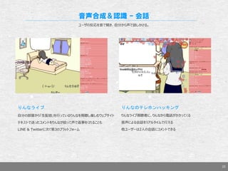 20
音声合成＆認識 – 会話
ユーザの反応を音で聞き、自分から声で話しかける。
りんなライブ
自分の部屋から「生配信」を行っているりんなを視聴し楽しむウェブサイト
テキストで送ったコメントをりんなが拾って声で返事をくれることも
LINE & Twitterに次ぐ第3のプラットフォーム
りんなのテレホンハッキング
りんなライブ視聴者に、りんなから電話がかかってくる
音声による会話をリアルタイムで行える
他ユーザーは2人の会話にコメントできる
 