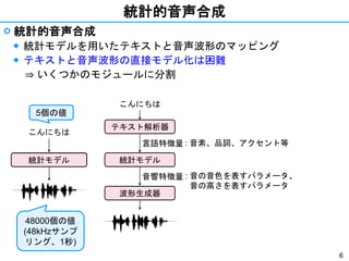 6
統計的音声合成
 統計的音声合成
◆ 統計モデルを用いたテキストと音声波形のマッピング
◆ テキストと音声波形の直接モデル化は困難
⇒ いくつかのモジュールに分割
: 音素、品詞、アクセント等
: 音の音色を表すパラメータ、
音の高さを表すパラメータ
TTSシステム
こんにちは
統計モデル 統計モデル
こんにちは
言語特徴量
音響特徴量
テキスト解析器
波形生成器
5個の値
48000個の値
(48kHzサンプ
リング、1秒)
 