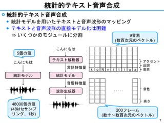 7
統計的テキスト音声合成
 統計的テキスト音声合成
◆ 統計モデルを用いたテキストと音声波形のマッピング
◆ テキストと音声波形の直接モデル化は困難
⇒ いくつかのモジュールに分割
TTSシステム
こんにちは
統計モデル
5個の値
48000個の値
(48kHzサンプ
リング、1秒)
統計モデル
こんにちは
言語特徴量
音響特徴量
テキスト解析器
波形生成器
k o N n i at i w
9音素
(数百次元のベクトル)
. . . . .
200フレーム
(数十～数百次元のベクトル)
音色
高さ
音素
品詞
アクセント
 