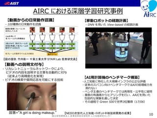 国立研究開発法人 産業技術総合研究所 人工知能研究センター
AIRC における深層学習研究事例
10
【動画からの日常動作認識】
- 100種類の日常動作を認識
【動画への説明文付与】
- リカレントニューラルネットワークにより、
ビデオの内容を説明する文章を自動的に付与
（従来より高精度化を実現）
- ビデオの検索や質問応答を可能にする技術
回答=“A girl is doing makeup.” 【NEDO次世代人工知能・ロボット中核技術開発の成果】
【図の提供：竹内彰一 千葉工業大学 STAIR Lab 首席研究員】
【移動ロボットの経路計画】
- DNN を用いた View-based の経路計画
【AI用計算機のベンチマーク構築】
-人工知能に特化した大規模インフラの公正な評価
- 従来のスパコン向けベンチマークではAIの処理能力を
測れない
- ベンダ主導のベンチマークでは再現性・公平性に疑問
- 複数の有識者からヒアリングを行い、AAICを用いた
包括的な実験を通して決定
- その過程で Green 500で世界3位獲得（17/06）
 